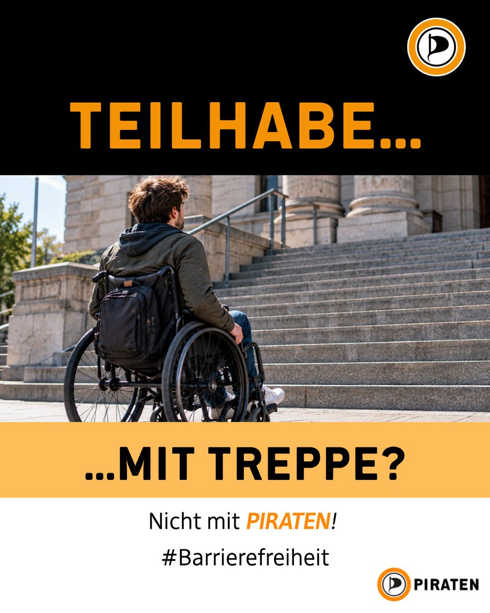 Piratenpartei's tweet photo. Teilhabe funktioniert nicht dort, wo Menschen vor Treppen stehen bleiben müssen.🧡
🏴☠️ Nicht mit uns. Für Piraten; Für Freiheit. Würde. Teilhabe.
🔗 Zum Grundsatzprogramm: https://t.co/xxdjMzOiG0
#Barrierefreiheit #Teilhabe #Inklusion #Piratenpartei #PIRATEN https://t.co/qv3rih5WwV