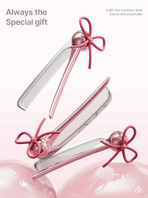 The image displays three pink and silver comb-style hair brushes with decorative bow accents, accompanied by the text "Always the Special gift" and "A gift that combines both beauty and practicality." The brushes appear to be the "MediCube onion brush" referenced in the post, showcased as a cute, gift-worthy styling tool.