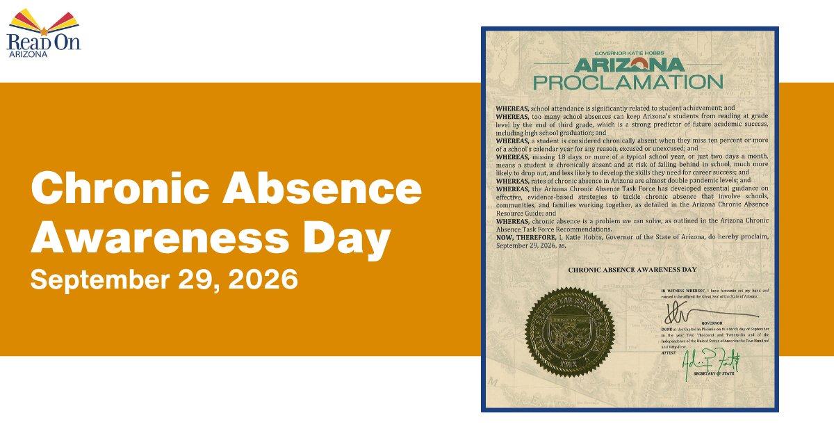 ReadOnArizona's tweet photo. Sept. 29 is Chronic Absence Awareness Day in Arizona. About 1 in 4 students in grades 1-8 are chronically absent. It's an urgent challenge, but one we can solve together. Find evidence-based strategies: https://t.co/vkuqW4xbDx #ChronicAbsenceAwareness https://t.co/mVLtHePhKt