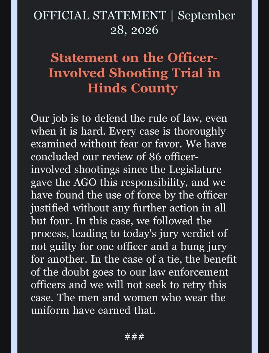 SaveJxn's tweet photo. 🚨BREAKING🚨
Attorney General Lynn Fitch will not seek a new trial in the hung jury verdict for Michael Rhinewalt, former Capitol Police officer accused of manslaughter in the #Jaylewis manslaughter case from today in Jackson, Mississippi.
Let me put this in terms we all understand, the woman running for Governor as a Republican in the state of Mississippi figured out that “Back The Blue” doesn’t mean “prosecute the cops”.
#FAFO #Mississippi #MAGA #LawEnforcement #backtheblue #blacklivesmatter #ClayEdwardsShow #blackLIESmatter