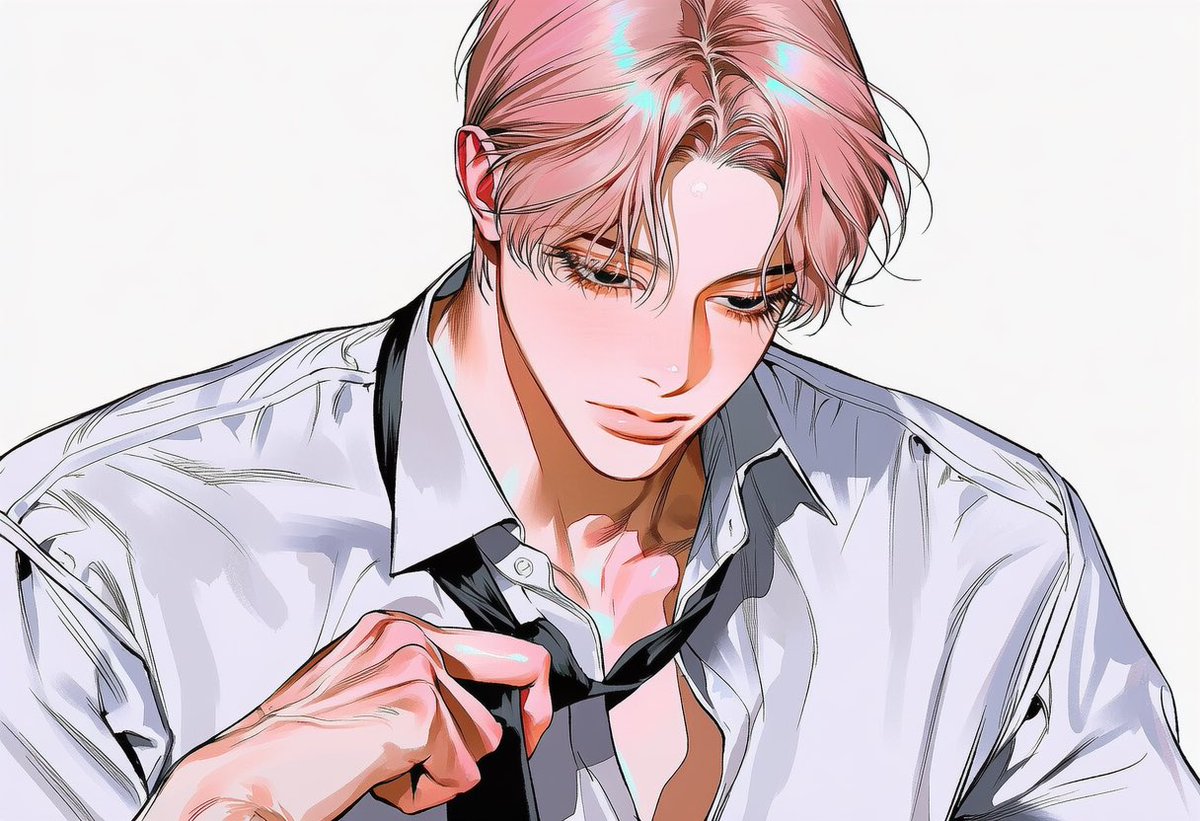 noeul_zzix's tweet photo. 이것 좀 풀어주지,

( 가로가 더 예뻐요. )

oversized white dress shirt,
4::loosely unbuttoned shirt::,
several top buttons undone,
loose open collar, slightly exposed collarbone and upper chest,
soft wrinkled fabric,

4::loosely worn black necktie::,
tie knot pulled down, relaxed crooked tie,
slightly disheveled appearance,

4::chin slightly raised::,
4::looking downward with a lowered gaze::,
half-lidded eyes,
4::one hand gripping the necktie near the loosened knot::,
3::fingers gently tugging the tie as if about to loosen and remove it::,

pure white background,