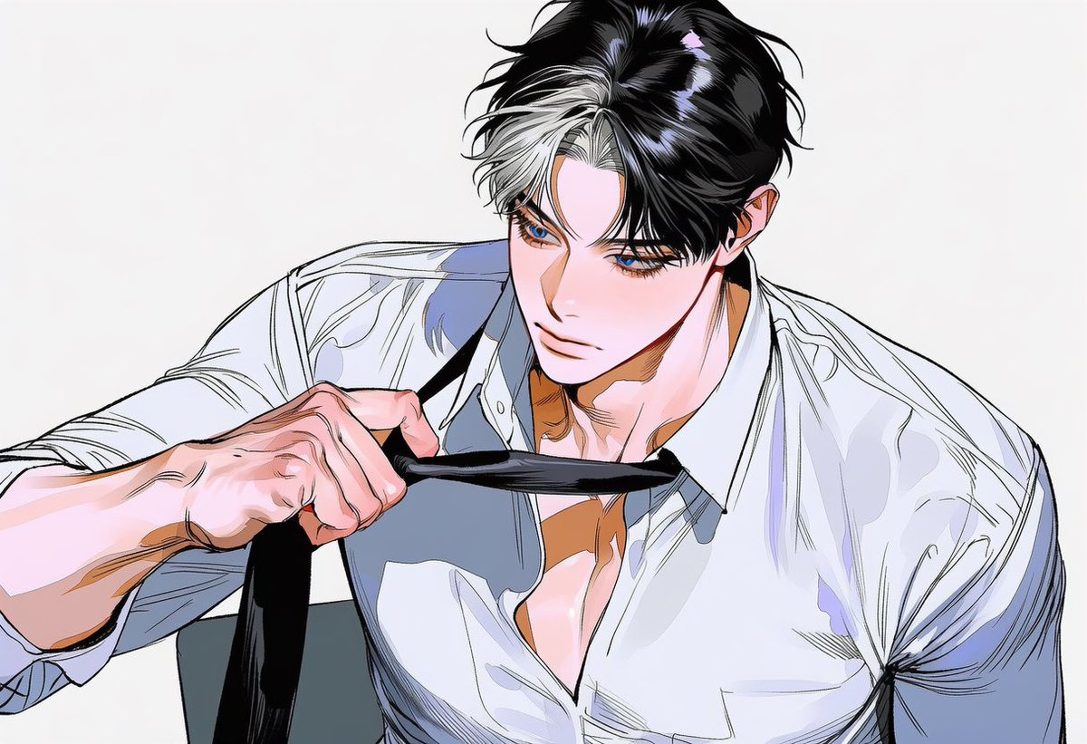 noeul_zzix's tweet photo. 이것 좀 풀어주지,

( 가로가 더 예뻐요. )

oversized white dress shirt,
4::loosely unbuttoned shirt::,
several top buttons undone,
loose open collar, slightly exposed collarbone and upper chest,
soft wrinkled fabric,

4::loosely worn black necktie::,
tie knot pulled down, relaxed crooked tie,
slightly disheveled appearance,

4::chin slightly raised::,
4::looking downward with a lowered gaze::,
half-lidded eyes,
4::one hand gripping the necktie near the loosened knot::,
3::fingers gently tugging the tie as if about to loosen and remove it::,

pure white background,