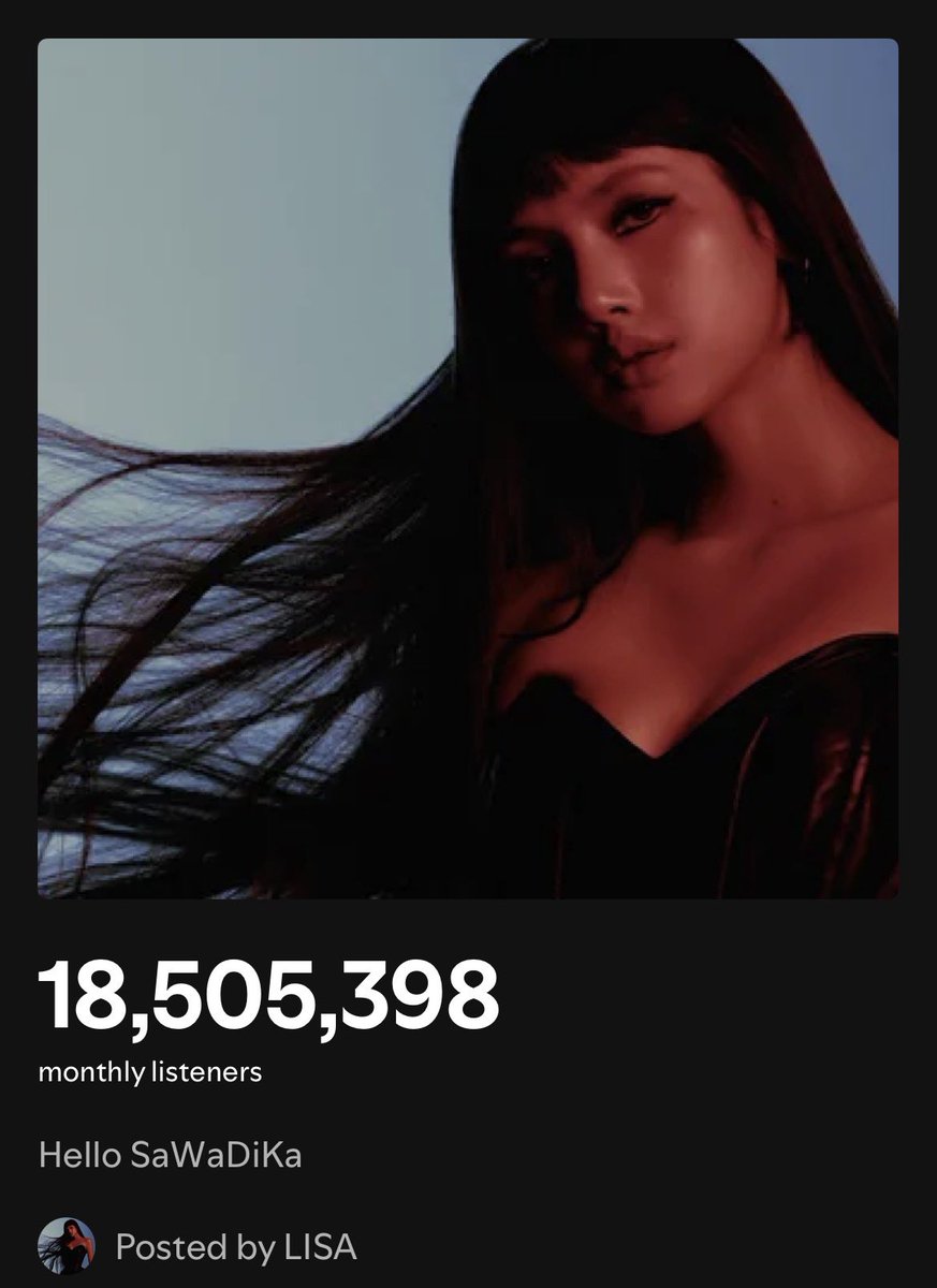 LISANATIONS_'s tweet photo. #LISA monthly Listeners: 18,505,398 (+104,371) 🔺

Peak: 28,626,697 https://t.co/7rYFdRIASA