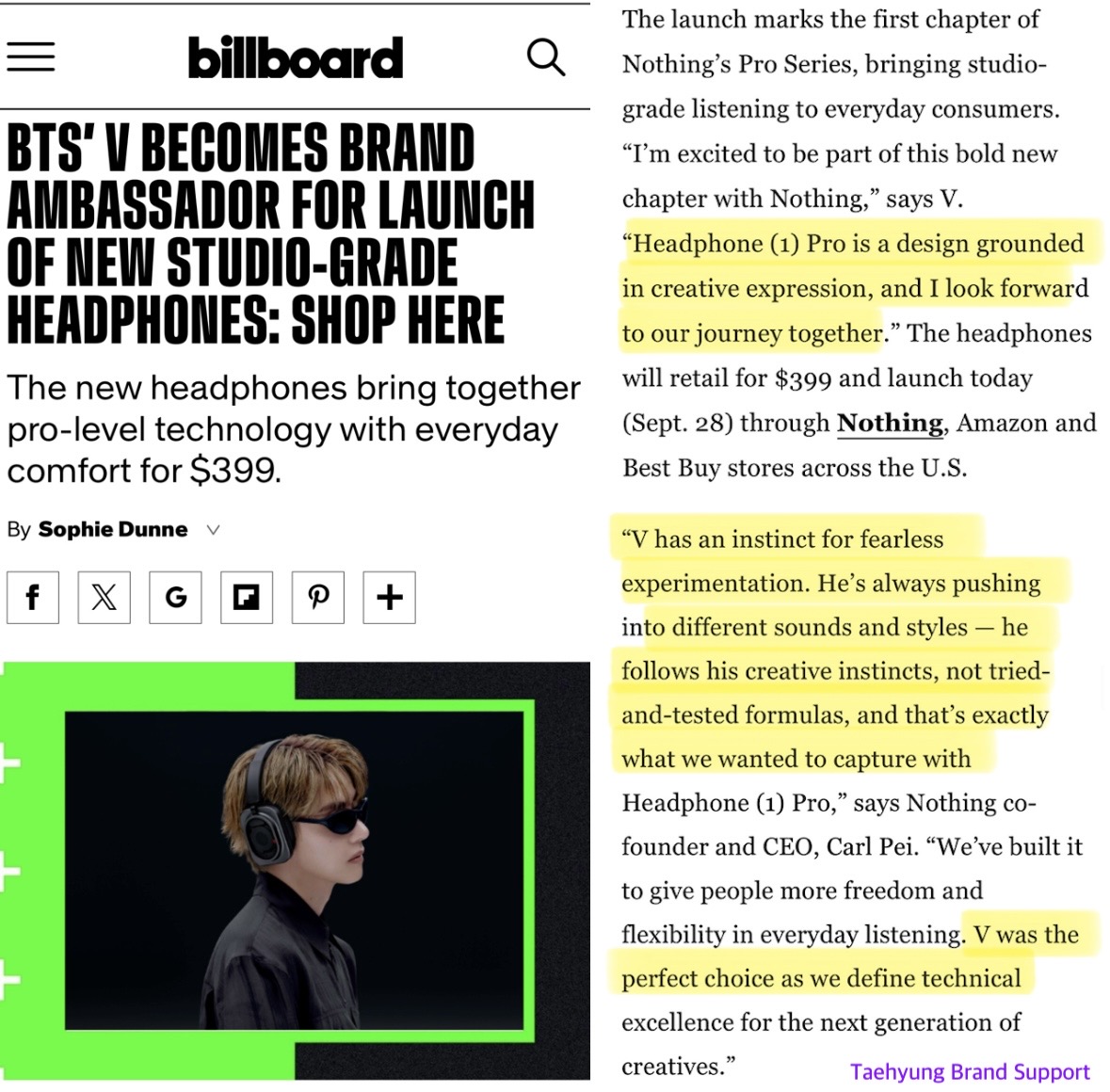 btskthv1230's tweet photo. "V has an instinct for fearless experimentation. He's always pushing into different sounds and styles - he follows his creative instincts, not tried-and-tested formulas” - Nothing CEO 

So powerful! 🔥

NOTHING GLOBAL AMBASSADOR V
TAEHYUNG FOR NOTHING
#TAEHYUNGxNOTHING
#VxNOTHING https://t.co/6PrWII7hG1