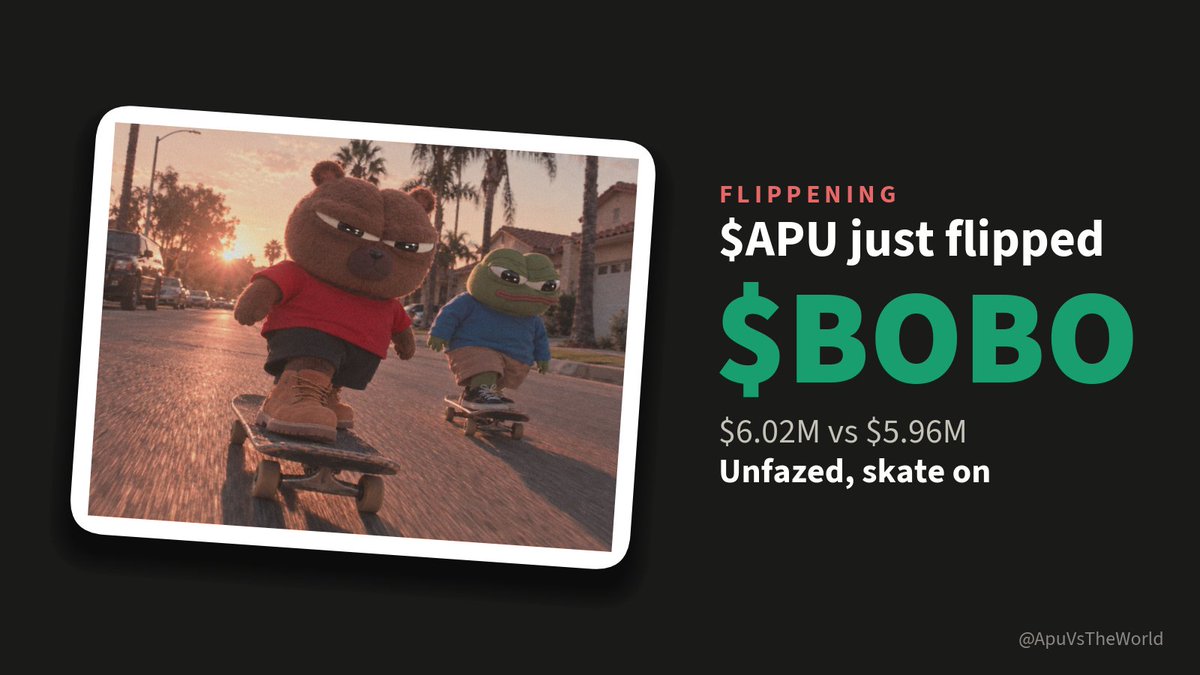 ApuVsTheWorld's tweet photo. 🚨 FLIPPENING 🚨

$APU just flipped Bobo 🐻

$6.02M vs $5.96M
🎯 Next: LOFI 🎧, +2.4% to go https://t.co/MPxlRk18hG