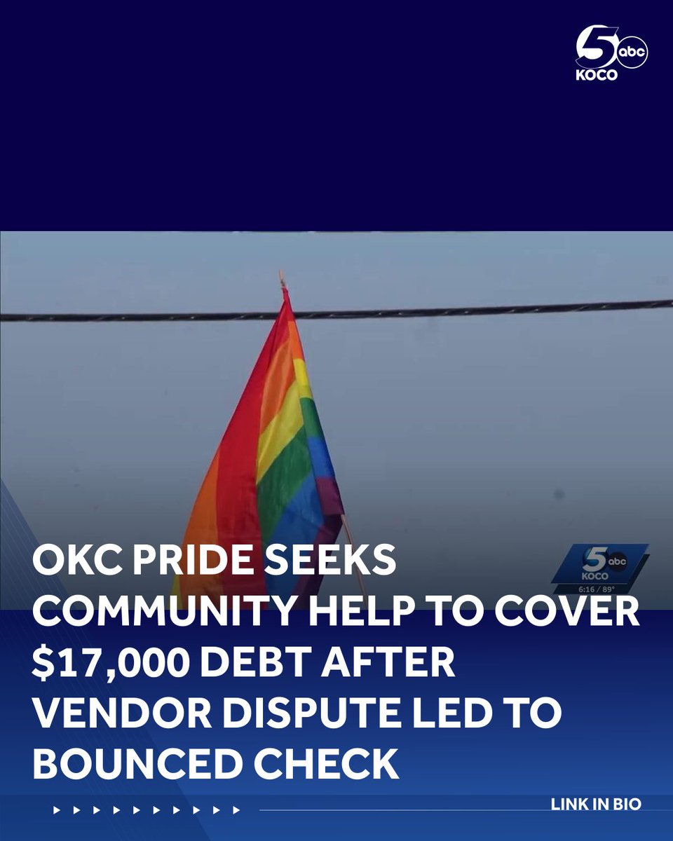 koconews's tweet photo. OKC Pride seeks community help to cover $17,000 debt after vendor dispute led to bounced check | LINK IN BIO https://t.co/dCDMDTAOlb