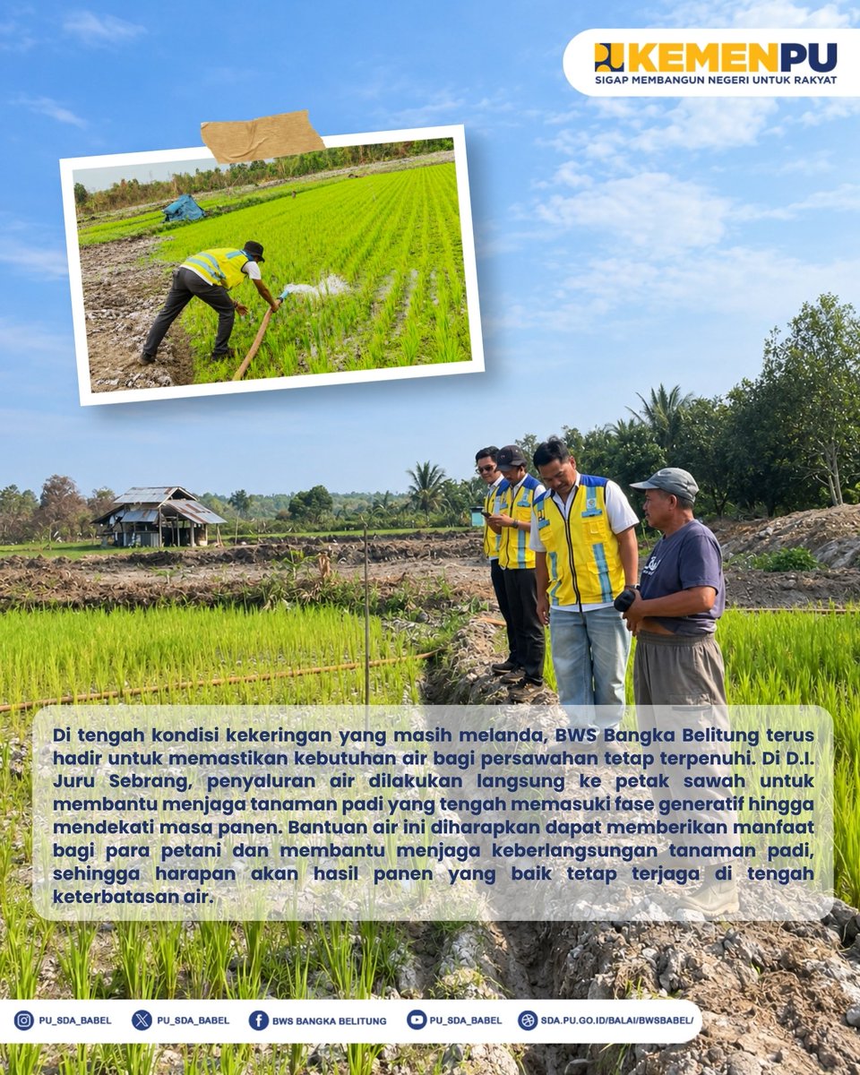 pu_sda_babel's tweet photo. BWS Bangka Belitung melalui Satgas Kekeringan terus bergerak hadir di tengah para petani. Penyaluran air sebanyak 5.000 liter ke persawahan D.I. Juru Sebrang, Kabupaten Belitung.
#MengelolaAirUntukNegeri #KementerianPU #SigapMembangunNegeriUntukRakyat https://t.co/3xMkVn1JOX
