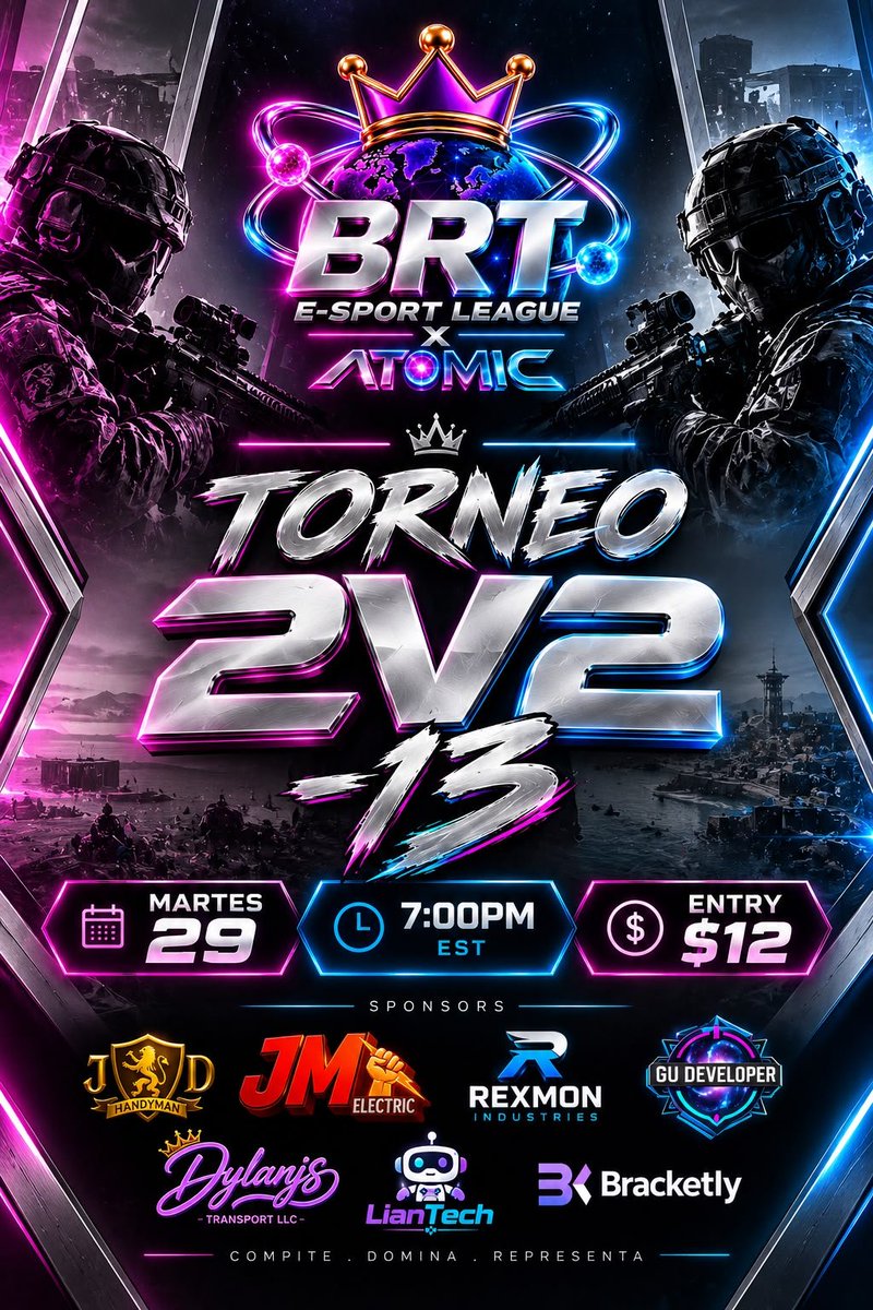 brt_esport's tweet photo. 🎡 SWITCHAROO TOURNAMENT🏆
                       🌟Rank -13🌟

🔥2v2 Kill Race 
📍 Battle Royale  
💰 Entry $12 (FxF)
🗓️ September 29th
⏰ LIVE STARTS 7pm EST

👥 Cod-Casting 
Twitch y TikTok @brt_esport 
 
@ATOMIC_OrgTop 
Official Sponsors 
@LianJuD6 @RexmonIndu77419 @Gudeveloperdsc @bracketlyapp