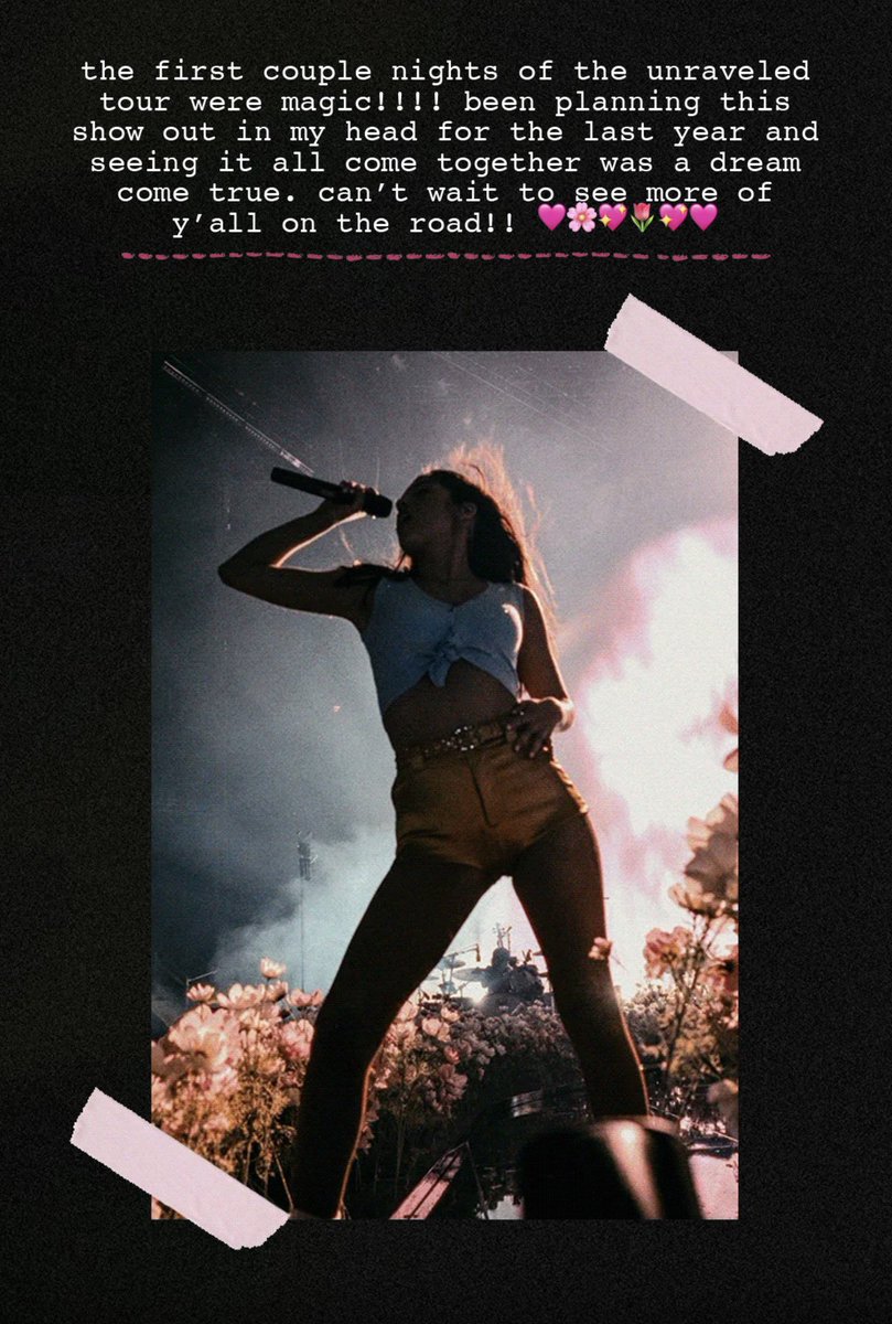 OliviaRodrigoHQ's tweet photo. olivia via her newsletter. 

“the first couple nights of the unraveled tour were magic!!!! been planning this show out in my head for the last year and seeing it all come together was a dream come true. can't wait to see more of
y'all on the road!! 🩷🌸💖🌷💖🩷” https://t.co/PEBncN2kH6
