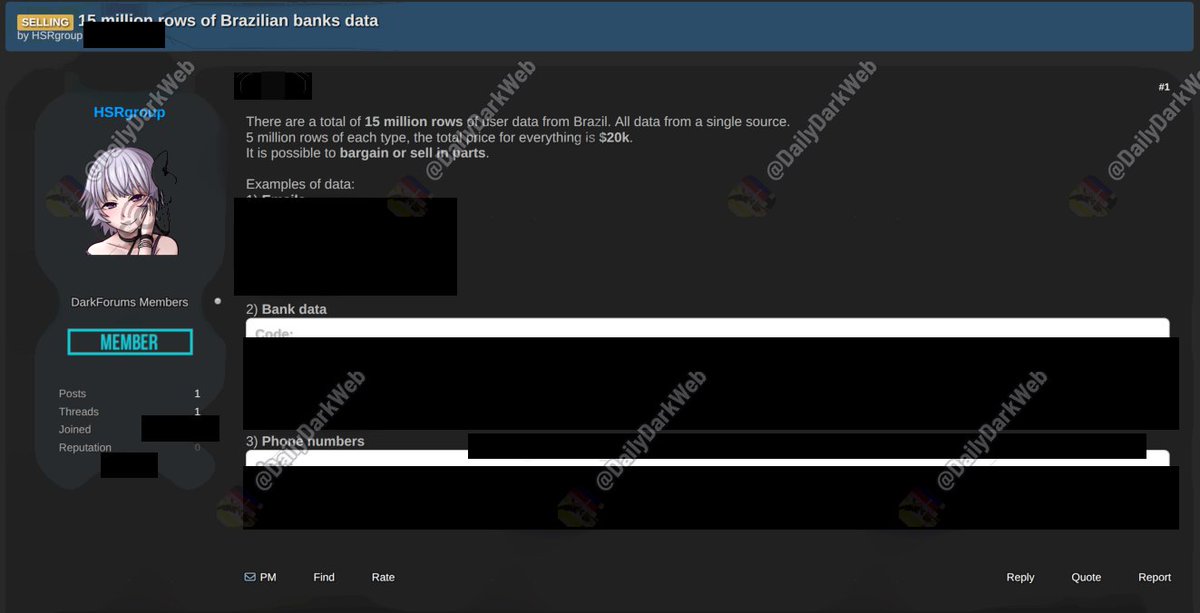 DailyDarkWeb's tweet photo. 🇧🇷 🚨 15 MILLION ROWS OF BRAZILIAN BANKING DATA ALLEGEDLY FOR SALE

A threat actor on an underground forum claims to be selling 15 million rows of Brazilian user data, allegedly from a single source, for $20,000 (negotiable, or sold in parts).

The actor claims the dataset includes:
* ~5M email addresses
* ~5M bank records (branch/agency, account numbers, account type/status)
* ~5M phone numbers

Sample rows reference customers of major Brazilian banks, per SOCRadar's analysis.

The claim has not been independently verified, and no bank has confirmed a breach.

⚠️ Analyst Note:
Account-level banking details paired with emails and phones are ideal fuel for bank-impersonation phishing, PIX fraud scams and social engineering. The "single source" claim is unproven; such sets are often aggregated from earlier leaks. Brazilian bank customers should be wary of unsolicited calls or messages quoting their account details.

Research date: Sep 25, 2026 (SOCRadar dark web news)

#Brazil #Banking #DataBreach #DarkWeb #ThreatIntel #DDW