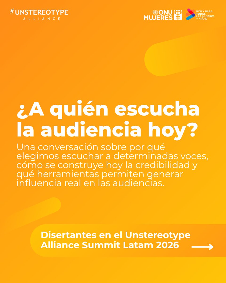 ONUMujeresArg's tweet photo. 💬 Participá de los talleres del #UnstereotypeAlliance #SummitLatam
¿A quién escucha la audiencia hoy?
Una conversación sobre por qué elegimos escuchar a determinadas voces, cómo se construye hoy la credibilidad y qué herramientas permiten generar influencia real https://t.co/kmwhoEcksp