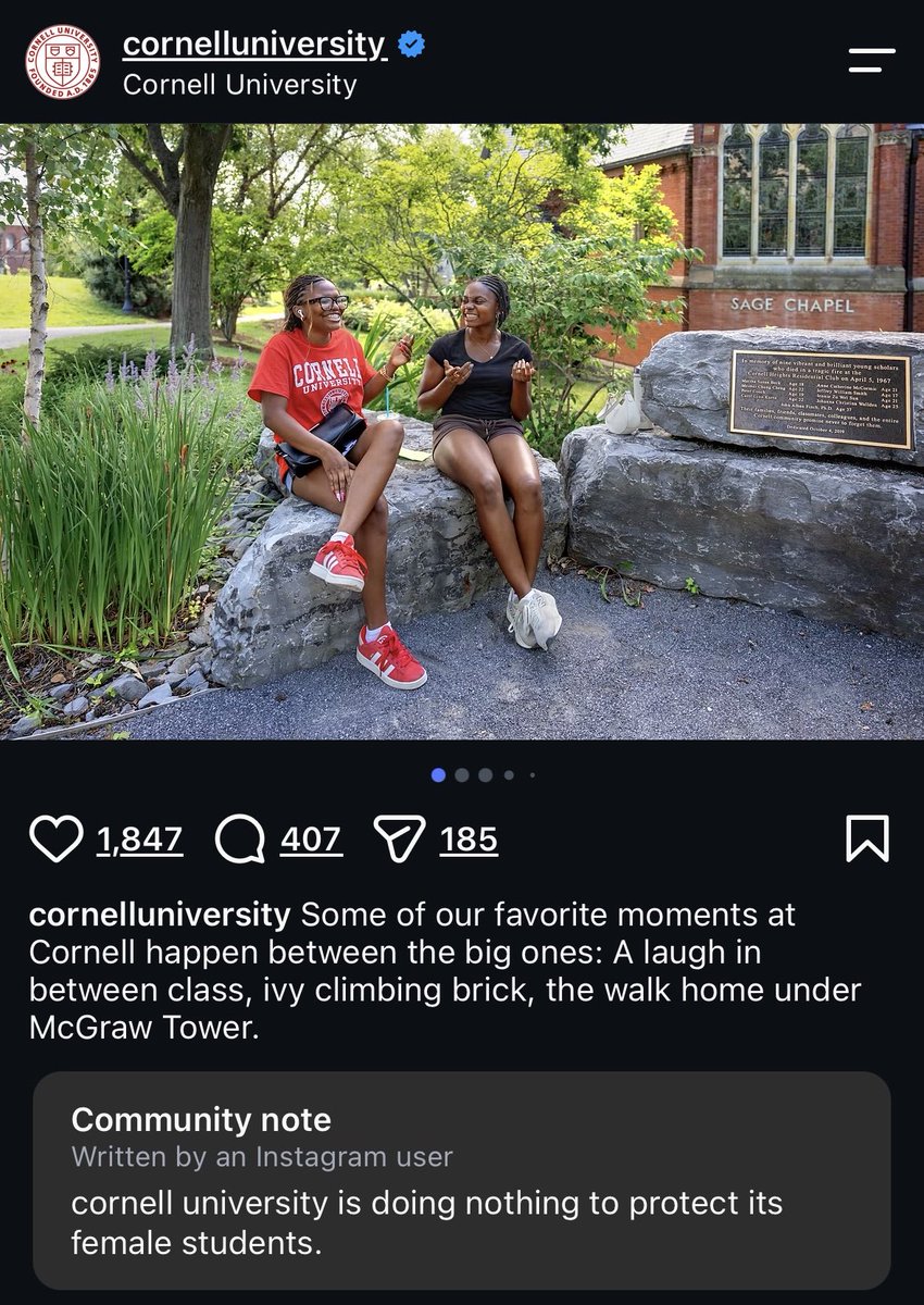 tvsapphics's tweet photo. i really appreciate the fact that all of cornell’s instagram posts have a community note on them. protect survivors. https://t.co/1gTmR22du5