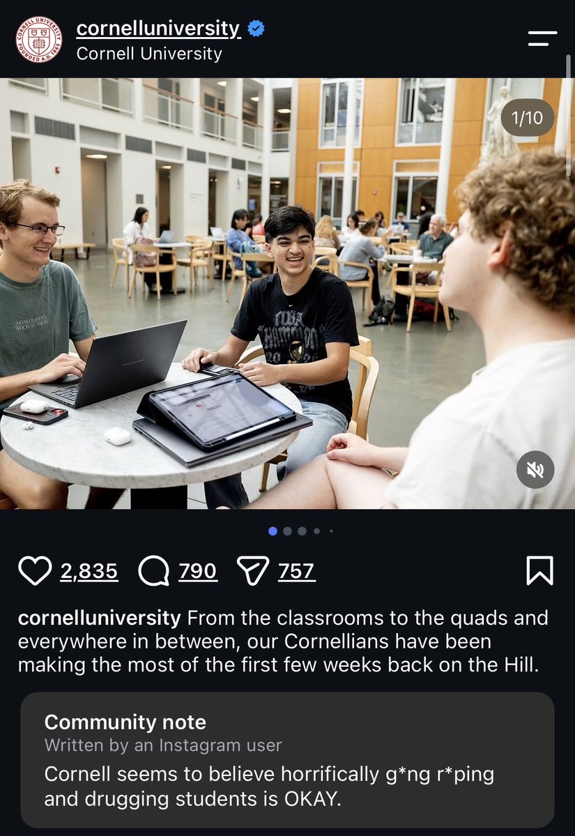 tvsapphics's tweet photo. i really appreciate the fact that all of cornell’s instagram posts have a community note on them. protect survivors. https://t.co/1gTmR22du5