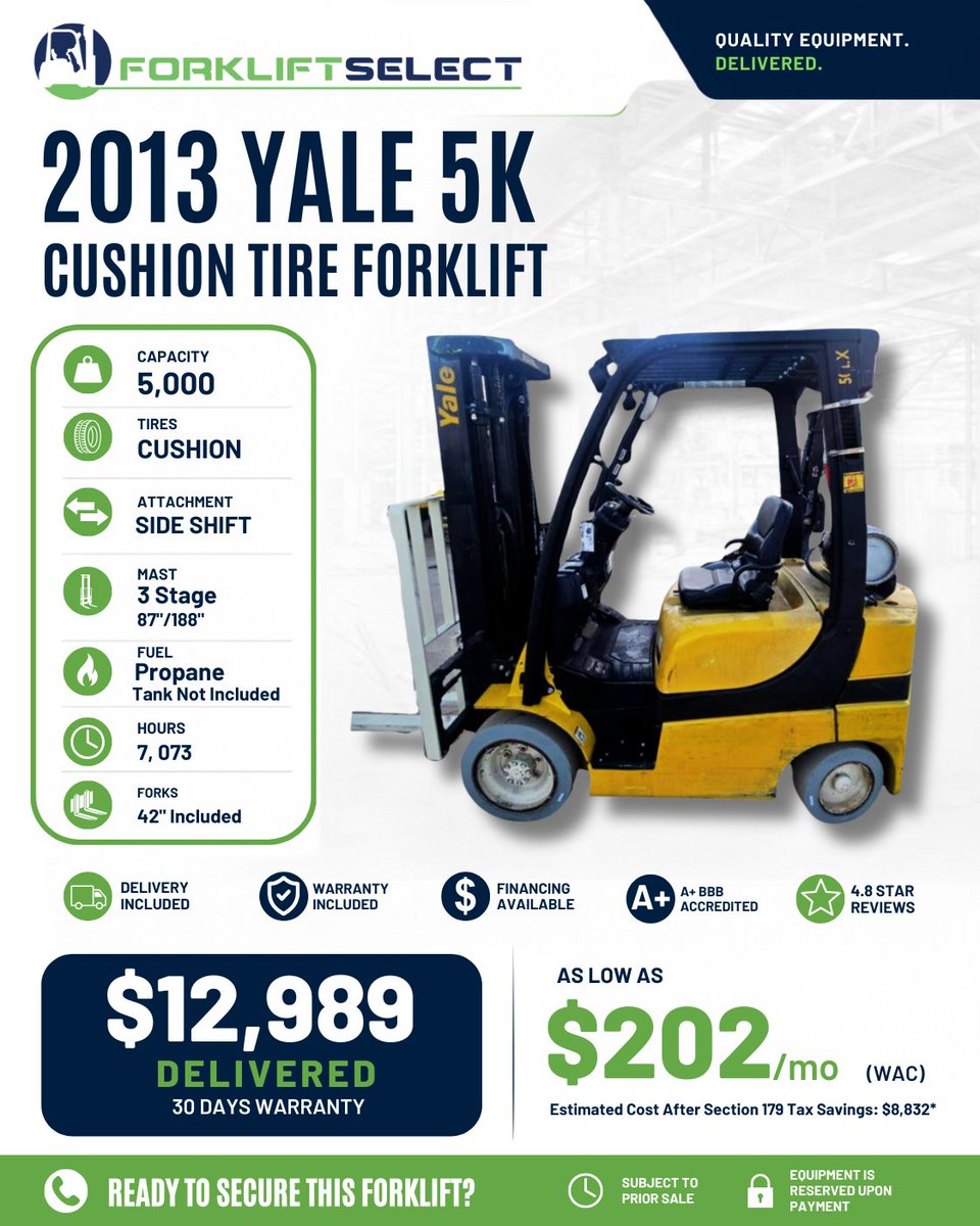 Forklift_Select's tweet photo. 🏗️ Need a reliable lift without overspending? The 2013 Yale 5K Cushion Tire Forklift could be the fit. Get delivery + warranty included, with up to 2 years parts &amp; labor on eligible equipment. 🔧 Check it out! #ForkliftSelect https://t.co/vsnmYzX82o