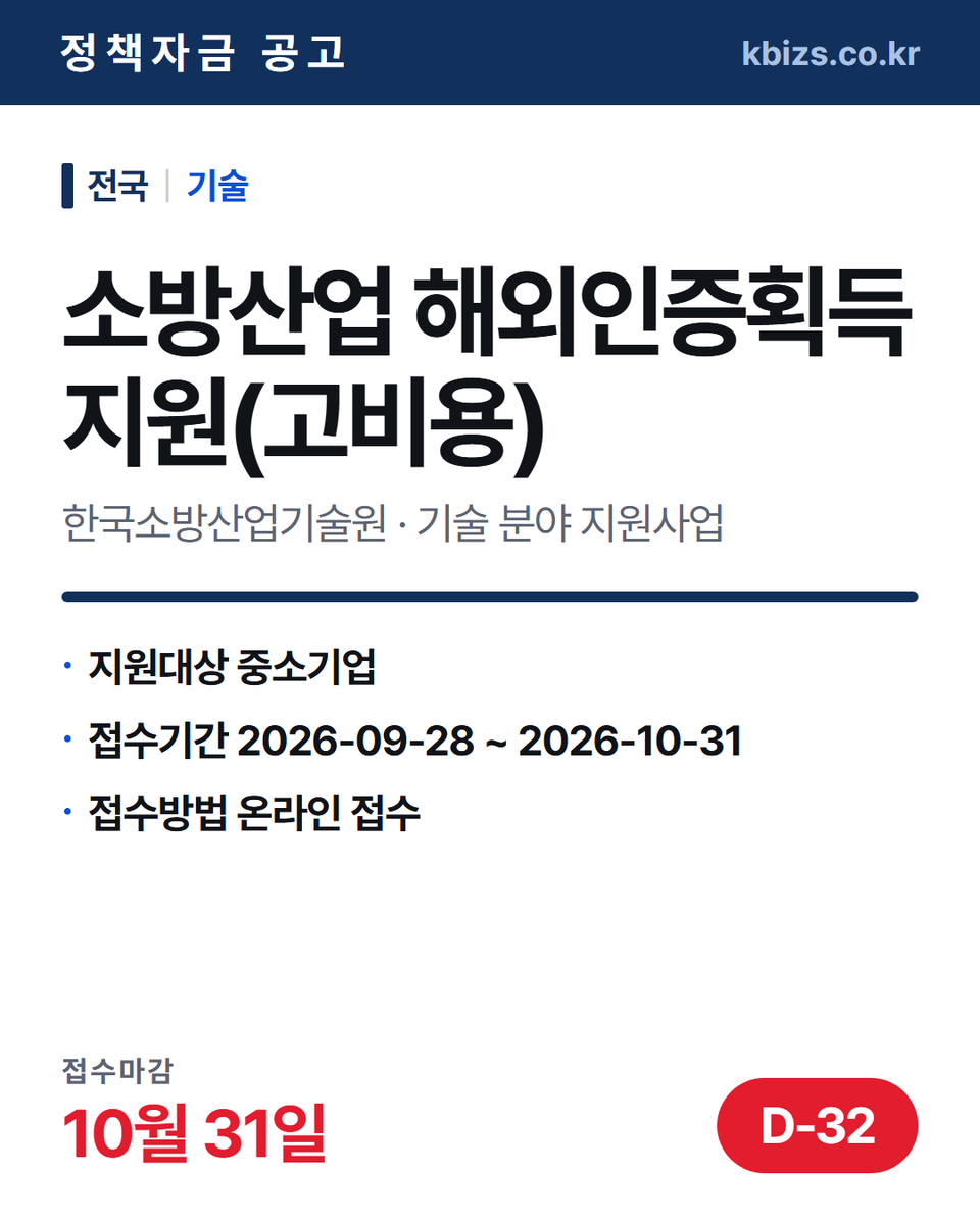 thekbizs's tweet photo. 오늘의 정책자금 공고 5건 · 기술·R&amp;D

① [전국] 2026년 대한민국 ICT 대상… — 10월 13일 마감
② [전국] 2026년 소방산업 해외인증획득… — 10월 31일 마감
③ [전국] 2026년 딥테크 챌린지 프로젝트… — 11월 13일 마감

#소상공인정책자금 #정부지원정책자금조건 #기술 https://t.co/cIKJOhcKtC
