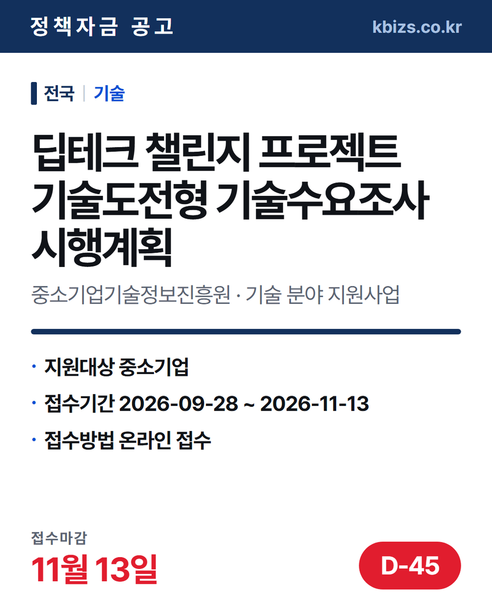 thekbizs's tweet photo. 오늘의 정책자금 공고 5건 · 기술·R&amp;D

① [전국] 2026년 대한민국 ICT 대상… — 10월 13일 마감
② [전국] 2026년 소방산업 해외인증획득… — 10월 31일 마감
③ [전국] 2026년 딥테크 챌린지 프로젝트… — 11월 13일 마감

#소상공인정책자금 #정부지원정책자금조건 #기술 https://t.co/cIKJOhcKtC