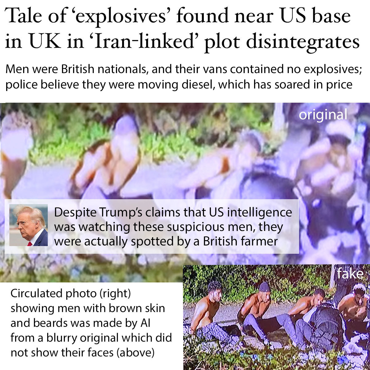 NuryVittachi's tweet photo. HERE'S WHAT THE WORLD WAS TOLD YESTERDAY: Suspected Iran-linked terrorists were caught with vans filled with explosives near a US airbase in the UK. US president Donald Trump said his intelligence people had been watching the men for a “long time” because they “were looking to do big damage”.

This morning, what do we learn? The story above is all WRONG.

- It has now been revealed that “no explosive material had been found” in the vehicles, police said. 

- The vans contained diesel, the value of which has soared because of unnecessary conflicts, such as the US-Israel attack on Iran.

- The vehicles were branded “Fuel 2You”, suggesting they were openly transporting fuel.  

- Also, “All five men were British Nationals”. 

- Further, no tip-off came from US intelligence but from a local farmer in her 50s who called the police after seeing men with white vans.

- Photos turned out to have been creatively spun out of one blurred original by an OpenAI program.

- Most notably, all the men were released on bail, indicating that they were not considered dangerous.

.

WHAT A DIFFERENCE
What a difference a day makes. It’s worth recalling what yesterday’s headlines actually said. 

“Counter-terror police investigate Iran link over suspected bomb plot at RAF base used by US,” the Guardian said. “Five men arrested on terrorism charges after explosives found near RAF Fairford in Gloucestershire”.

The photos with added AI-generated faces were shared on social media by several groups, including the British Army Veterans Group, and spread quickly, viewed at least 1.6 million times.

It’s certainly valid to report that men apparently acting suspiciously were found in part of rural Britain near an airbase, RAF Fairford in Gloucestershire. That’s no excuse to report that they had vans of explosives to blow up an airbase and point the finger at Iran. 

.
THE REAL STORY
As people with a little healthy skepticism know, the actual truth (as opposed to what the headlines say) can usually be found buried deep inside the text. 

And so it is with this story. 

The very last paragraph of the latest report on this tale in the Guardian says that the UK’s Iranian embassy said the reports of this being an Iranian operation were false, and pointed to the real illegality in the conflict: 

"The circulation of such fabricated speculations, particularly in the aftermath of the criminal acts of aggression committed by the United States and the Israeli regime against the Iranian people, will serve no purpose other than to fuel Iranophobia propaganda in the UK."

The irony, of course, is that diesel thefts have soared worldwide as the doubling of prices have led to literally millions of people being unable to run their factories and vehicles. 

A global fuel crisis was triggered by the US-Israel attack on Iran on February 28—which the UN has agreed is an ongoing war crime.

And can we name one of the bases the US is using for its operations? 

Yes. RAF Fairford in Gloucestershire, UK.
.
.