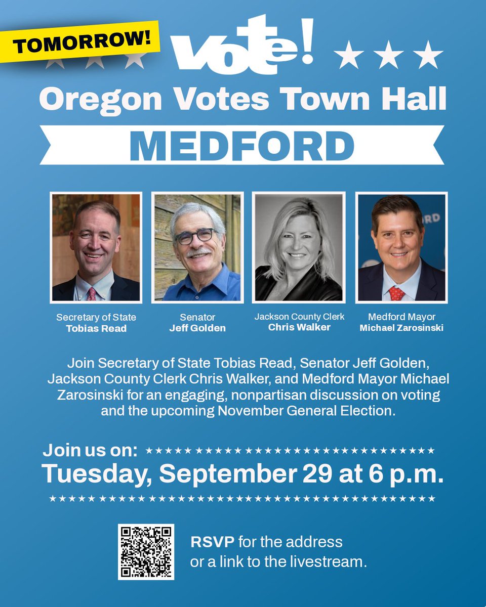 ORSecretaryRead's tweet photo. Reminder: Medford, join us tomorrow at 6 pm! Join me &amp; Senator Jeff Golden, Jackson County Clerk Chris Walker, and Mayor Michael Zarosinski for an engaging, nonpartisan discussion about how we run elections in Oregon. RSVP: https://t.co/f7UesMeMUe #OregonVotes #OregonElections https://t.co/ligqZUXKhg