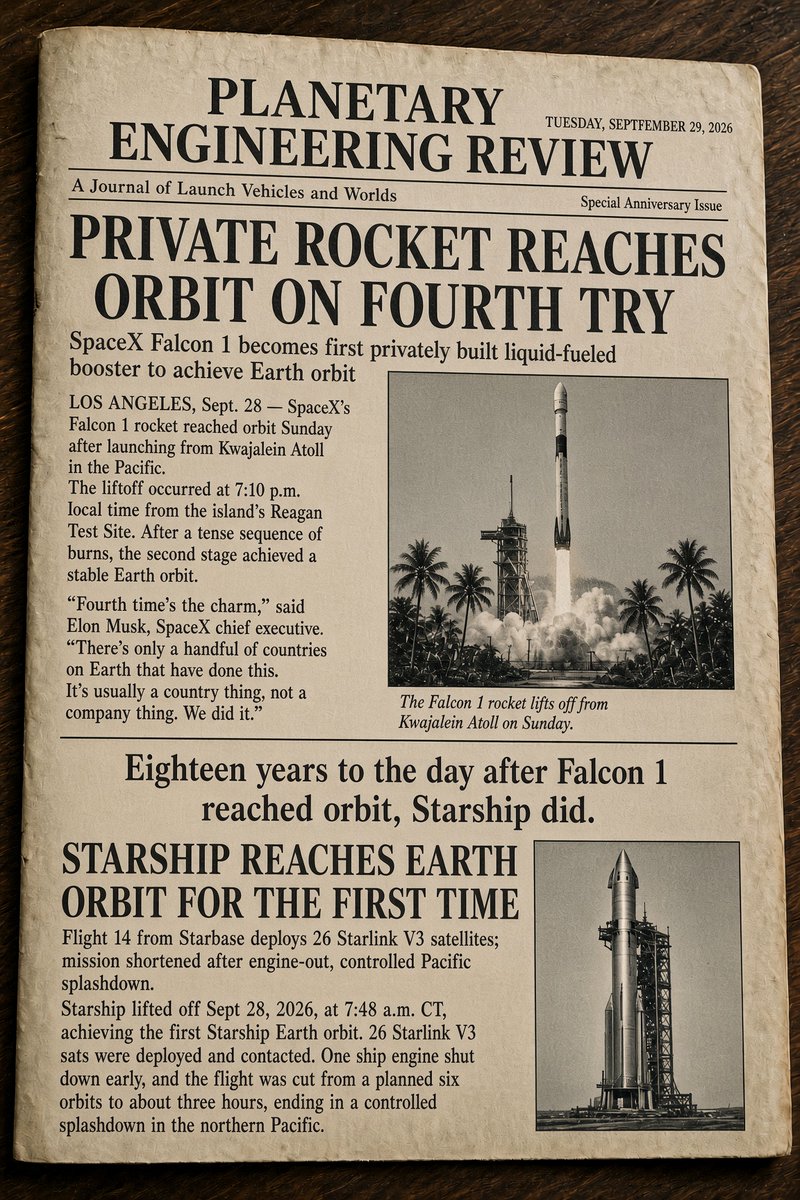 Redplanetlife's tweet photo. “Eighteen years to the day after Falcon 1 reached orbit, Starship did.” 
#Spacex https://t.co/bkmBSzX08t