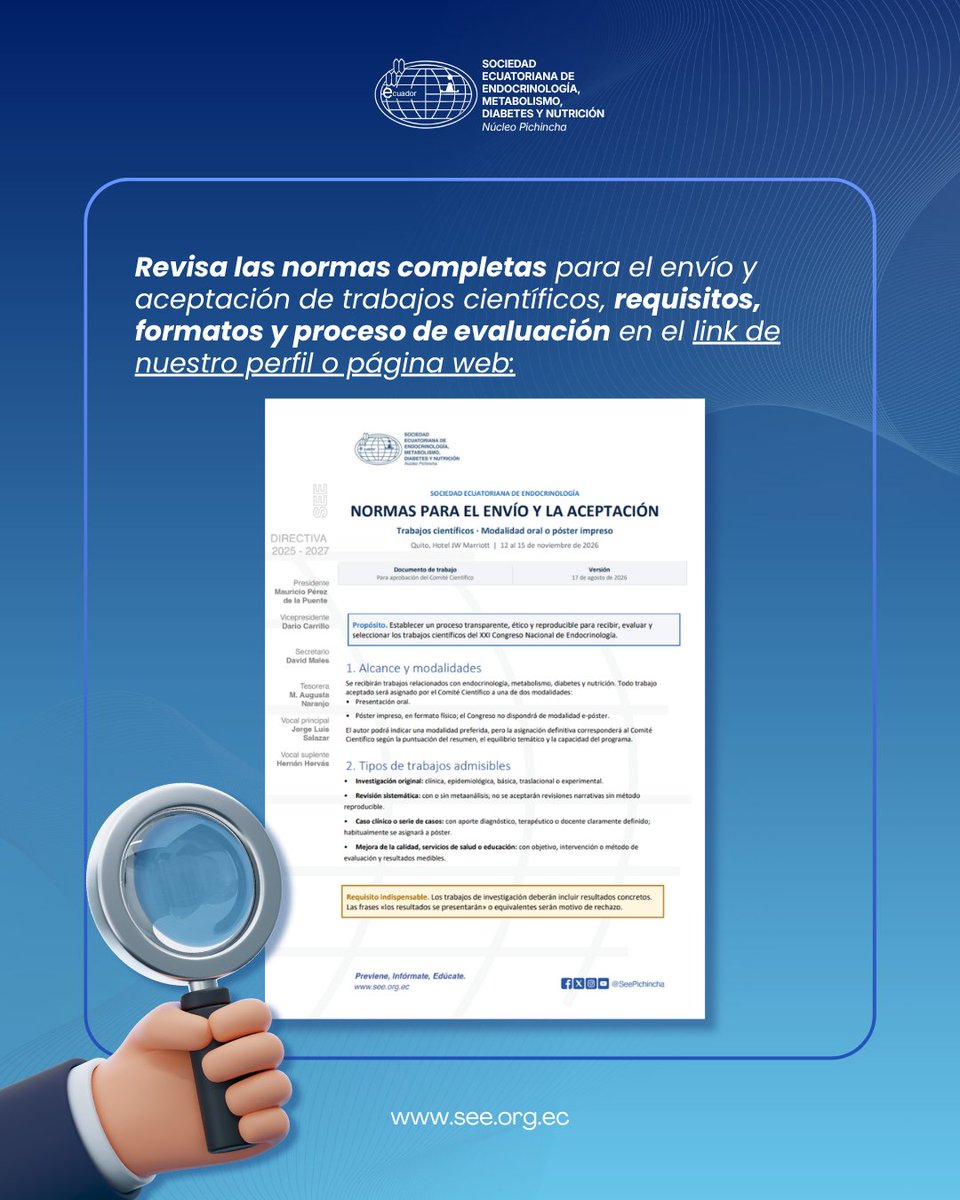 SeePichincha's tweet photo. 🔬 ¡EXTENDIMOS LA CONVOCATORIA!
¿Tienes una investigación, revisión o caso clínico que quieras compartir? Es tu oportunidad de presentar tu trabajo científico en ENDO ECUADOR 360.
🔗 Consulta las normas y envía tu trabajo: https://t.co/LSjepnRoC8
¡No dejes pasar esta oportunidad! https://t.co/QQh1kcwuRY