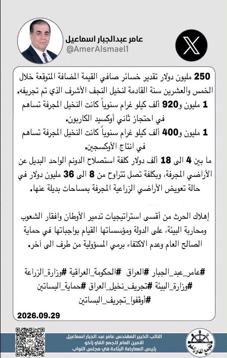 AmerAIsmael1's tweet photo. عاجل ‼️ عامر عبد الجبار يكشف بلغة الأرقام حجم الخسائر التي تكبدها العراق جراء تجريف 50 الف نخلة في محافظة النجف الاشرف ‼️ 
#البيئة
#التلوث 
#تجريف_50الف_نخلة
#النجف_الاشرف
#المعارضة_النيابية_البنَّاءة 
#Amer_Abduljabbar https://t.co/hnnKTy0Gv0