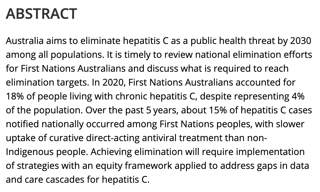 APPRISE_network's tweet photo. Hepatitis C Among First Nations Australians: A Rethink Is Required to Meet the 2030 Elimination Target

By Professor James Ward - @researchjames - and colleagues from @UQPoche 
#hepatitis #hepatitisC #FirstNations #Indigenous
Read full article here: https://t.co/oeaT3gvEf8 https://t.co/zpJvAJlHhR
