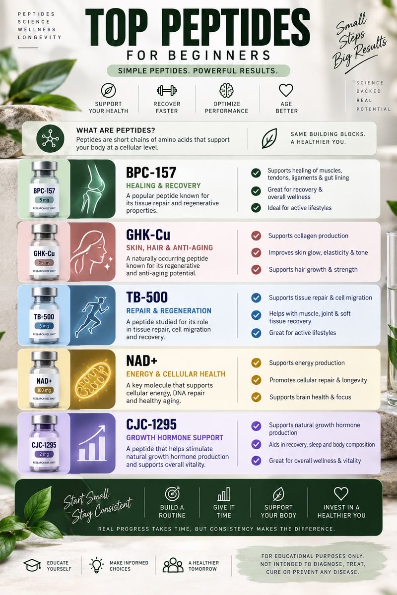 GenePeptides's tweet photo. Top peptides for beginners 
Simple compounds. Powerful results.
•BPC-157 – healing &amp; recovery
•GHK-Cu – skin, hair &amp; anti-aging
•TB-500 – repair &amp; regeneration
•NAD+ – energy &amp; cellular health
•CJC-1295 – growth hormone support
Which are you most interested in trying first? https://t.co/XFQxB4ubV4