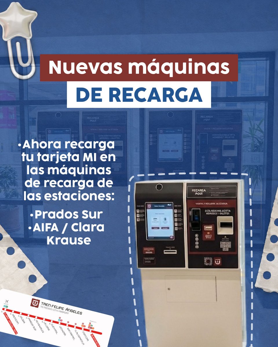 TrenesMX's tweet photo. Adiós a las filas de recarga 👋

Incorporamos más máquinas para que puedas recargar tu tarjeta de #MovilidadIntegrada en las estaciones Prados Sur y Terminal AIFA/Clara Krause del @TrenAIFA. 🚉

Seguimos trabajando para ofrecerte una mejor experiencia y mayor comodidad en tus viajes. 😎
