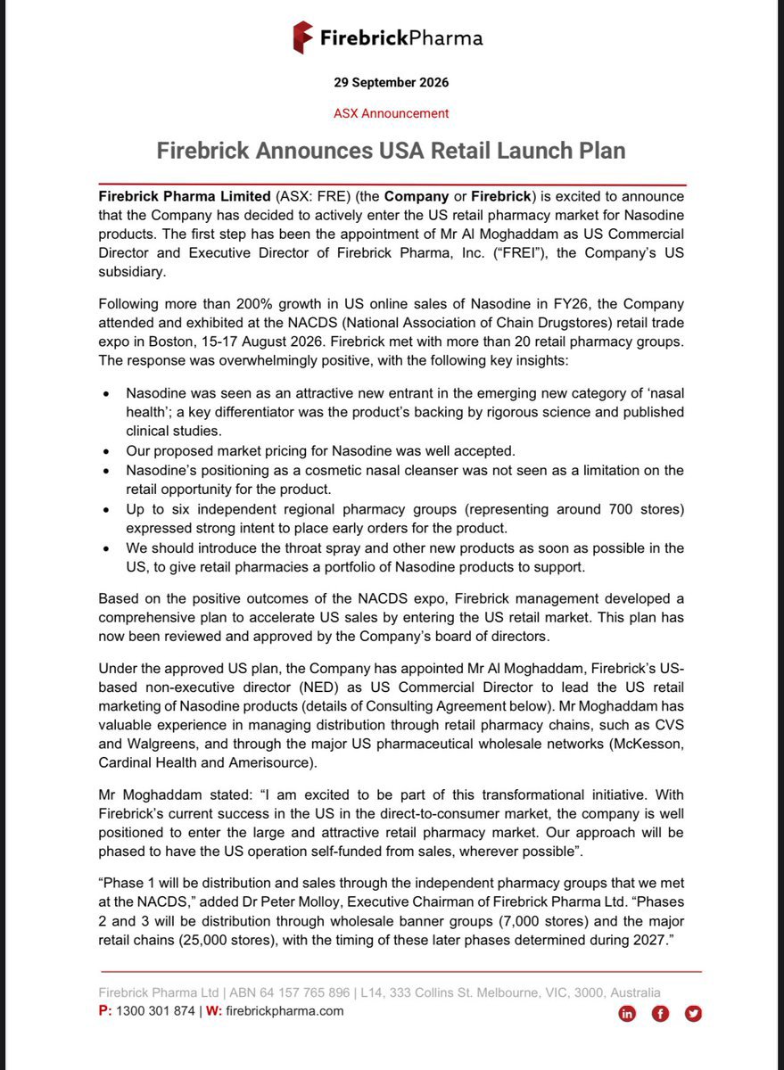 ausstokchick's tweet photo. Firebrick Pharma (ASX: FRE) is entering the US retail pharmacy market for Nasodine.

Following 200% growth in US online sales in FY26, Firebrick exhibited at the NACDS retail trade expo in Boston and met with 20+ pharmacy groups.

Up to 6 regional pharmacy groups (700 stores) . https://t.co/6bIR4stUpD