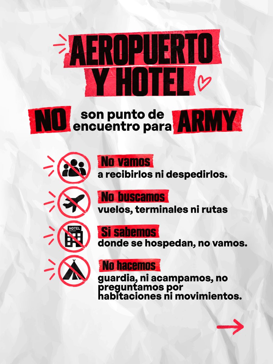 btsarmycol_'s tweet photo. 🇨🇴💜 Colombia los esperó durante años. Ahora que BTS viene por primera vez, también nos toca demostrar cómo queremos recibirlos.

Cuidar a BTS significa respetar sus espacios, sus tiempos y sus decisiones.

Por eso, esta etiqueta no cambia según tengamos entrada o no, ni depende de cuánto queramos verlos de cerca.

🚫 No buscamos vuelos.
🚫 No vamos a hoteles.
🚫 No seguimos vehículos.
🚫 No rastreamos ubicaciones.
🚫 No provocamos encuentros.
🚫 No compartimos información privada.

Una ubicación privada no es una invitación. Una coincidencia no es una oportunidad para acercarnos.

#ARMYCuidaABTS #EtiquetaARMY #BogotáRecibeABTS