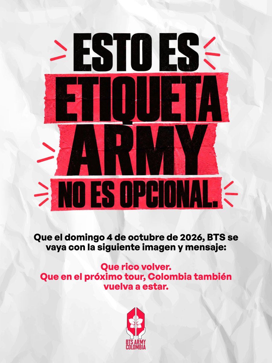 btsarmycol_'s tweet photo. 💜 Y hay algo que queremos dejar especialmente claro:

Si BTS decide acercarse, saludar, compartir algo o tener alguna interacción fuera de lo previsto, será una decisión de ellos y de su equipo. No una iniciativa de ARMY.

Nuestro lugar no es adelantarnos a sus decisiones, buscar oportunidades para encontrarlos ni convertir sus espacios privados en puntos de encuentro.

Nuestro lugar es otro: hacer que puedan vivir Colombia con tranquilidad, seguridad y confianza.

Porque también queremos que, cuando esta historia termine, quede una sensación bonita:

“Qué rico volver. 🇨🇴
Qué rico incluir nuevamente a Colombia en otro tour.”

Esto es etiqueta ARMY.
No es opcional.

Cuidar también es amar. 💜

#BogotáRecibeABTS #ARMYCuidaABTS #EtiquetaARMY #BTSenColombia #ARMYColombia