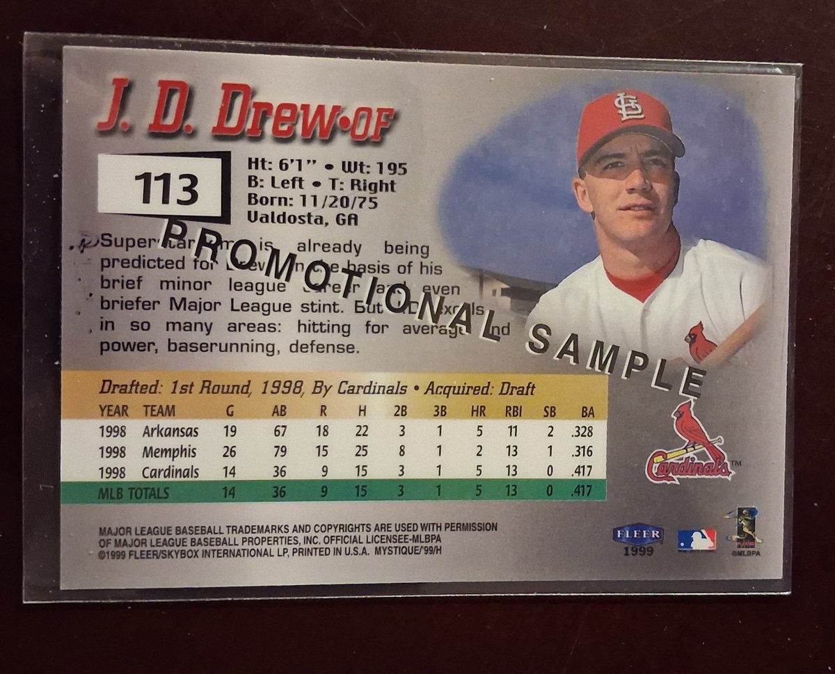 CPFJAYpt2's tweet photo. #RandomCardILove
1999 Fleer Mystique- Promotional Sample #113 JD Drew
Because samples were cheap fun entertainment
Because Mystique was so cool
Because rookie samples were even cooler. https://t.co/6YqsvINANP