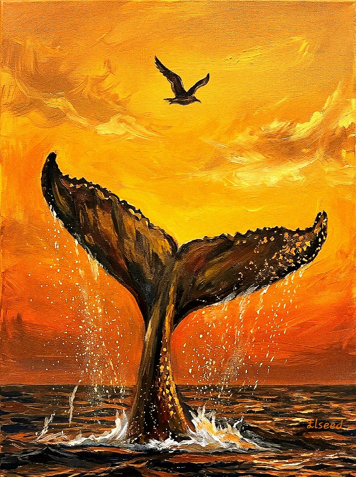 ElseedUg's tweet photo. "The fluke rose like a dark moon against the sun, a final, elegant wave before descending into a silence so complete, it felt like a piece of my own soul had been taken with it IV." 🐋 ✨️ 
Elseed
Acrylics
18×25"

The most beautiful &amp;heartbreaking sight is the fluke of a whale. https://t.co/k4kWkfCB7b