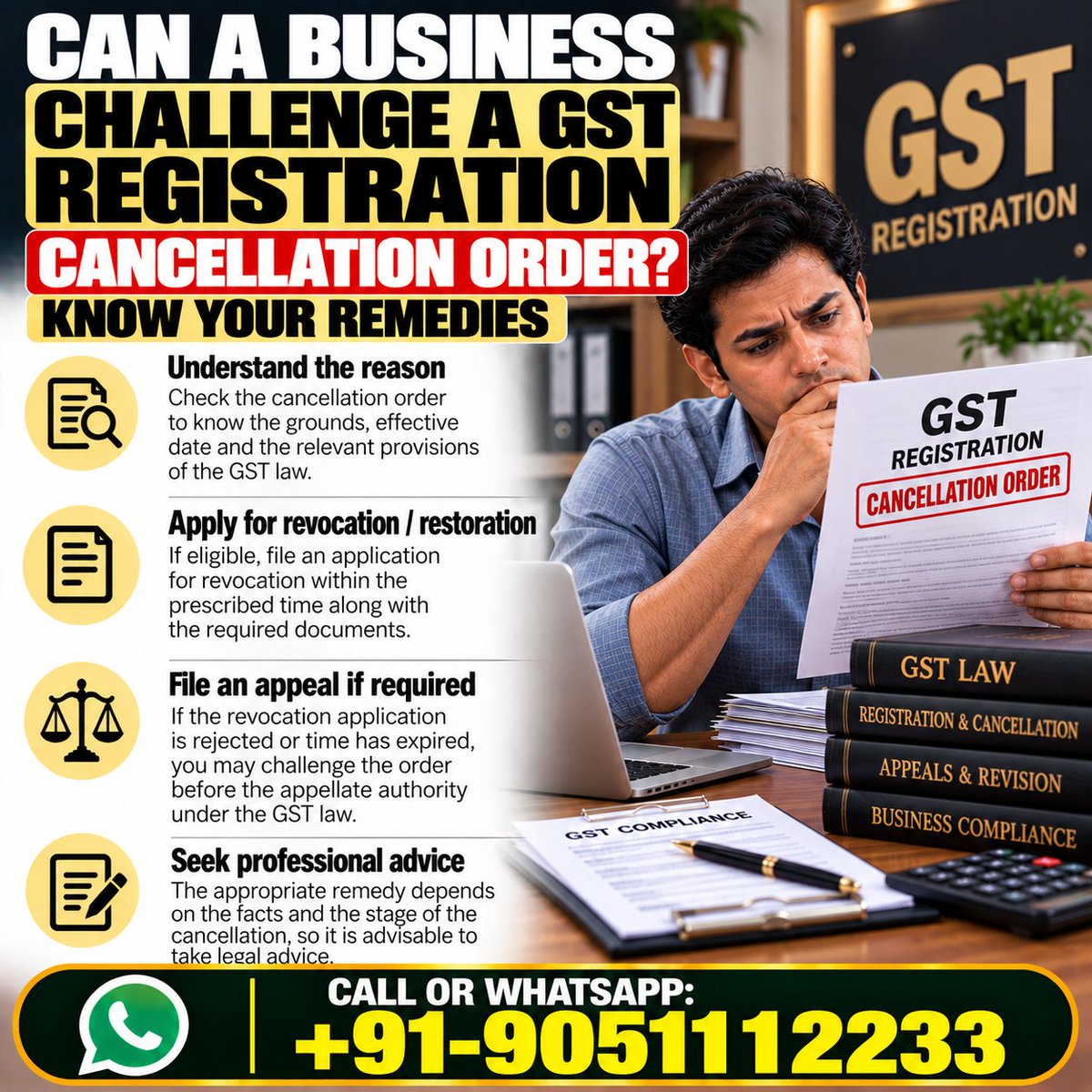 drakmphd's tweet photo. Can a business challenge a GST registration cancellation order? 
Call or WhatsApp: +91-9051112233 
#GSTLaw #BusinessCompliance #TaxLitigation https://t.co/zvZwyxPtnH