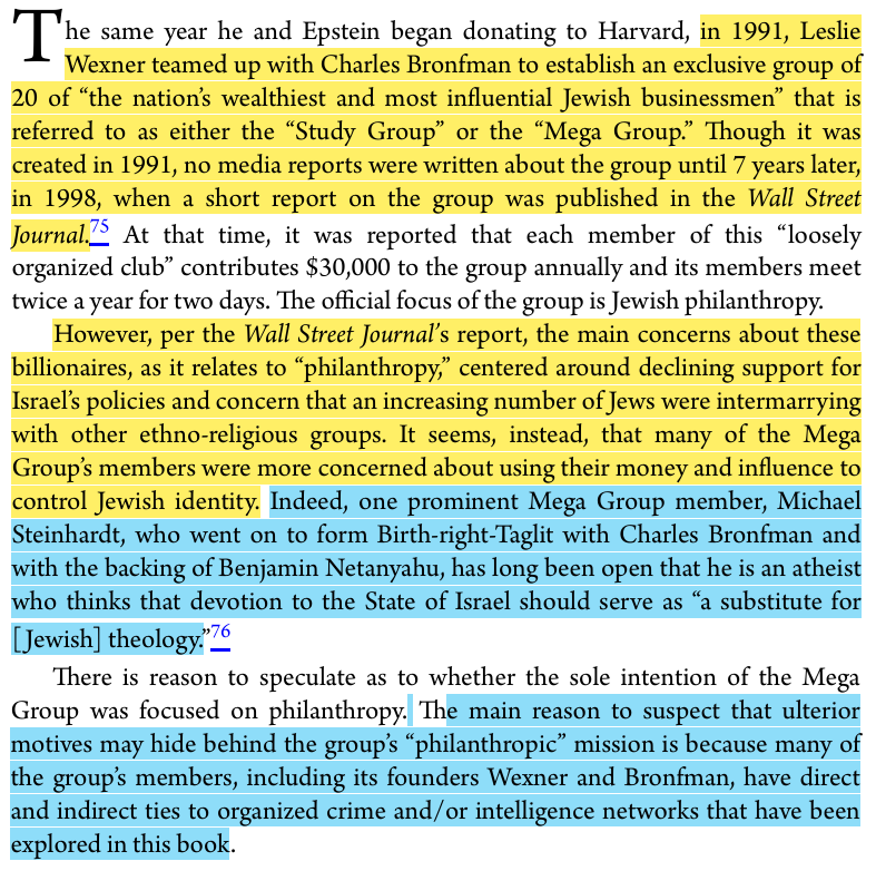 toxictiramisu's tweet photo. Mega Group was founded in 1991 by Les Wexner &amp; Charles Bronfman, a network that included Ron Lauder &amp; Robert Maxwell, to strengthen Jεωιѕh identity, combat intermarriage &amp; promote support for lsꝛæI. Wexner was Epstein's patron, while Ron Lauder was an associate of Arnon Milchan. https://t.co/pmiVRzAMgB