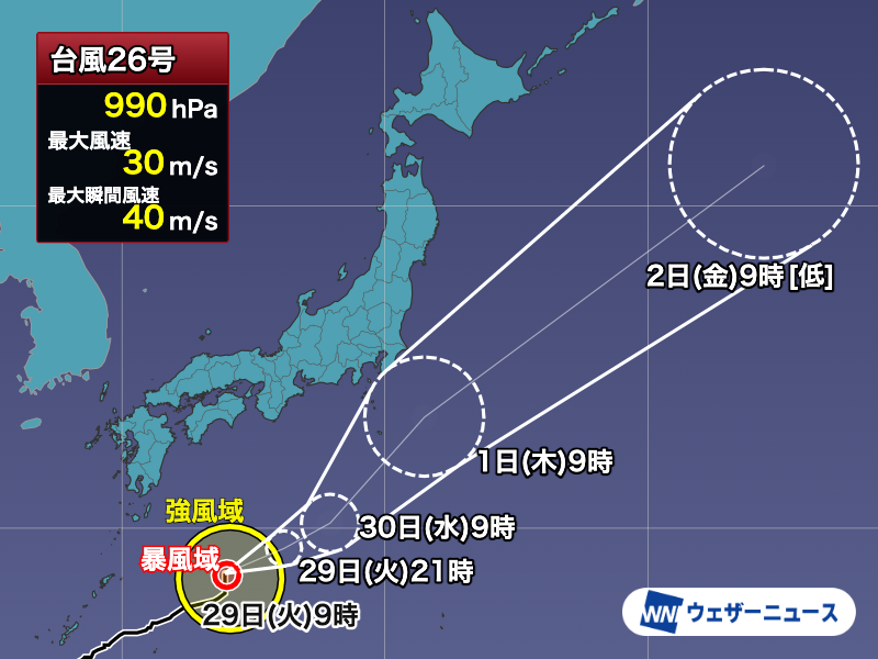 wni_jp's tweet photo. 【台風情報】
9月29日(火)9時現在、台風26号(スリゲ)は日本の南の海上を北東へ進んでいます。伊豆諸島では明日30日(水)から明後日1日(木)にかけて荒天に警戒を。
西日本や東日本では台風の直接的な影響は小さいものの、秋雨前線の影響で雨の強まる可能性があります。
https://t.co/Pp2BQQ7B63 https://t.co/n3pcFDV59T