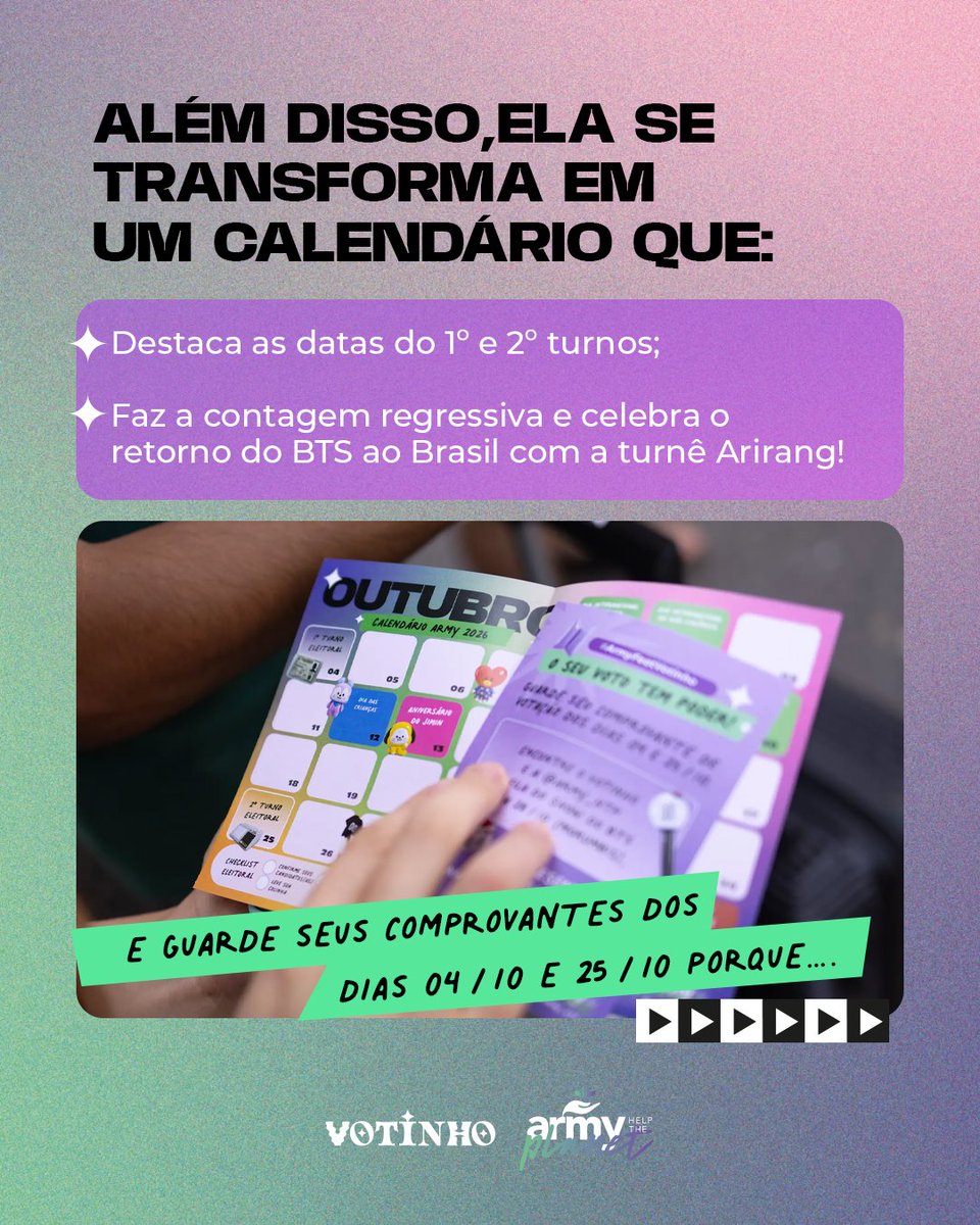 ARMY_HTP's tweet photo. Hey, Army! 💜✨

Para celebrar quem faz a diferença, preparamos uma surpresa incrível para as ARMYs de todo o Brasil! 🇧🇷
Resgate agora sua colinha exclusiva pra domingo!

✨Link para baixar: https://t.co/YdlALTuX9n ✨

Com um design exclusivo, ela não é apenas um lugar para você fazer suas anotações. Ao dobrar, a sua colinha se transforma em um calendário colecionável que:
📅 Marca as datas do 1º e 2º turno;
✨ Traz as datas especiais de outubro;
⌛ Faz a contagem regressiva e celebra o retorno do BTS ao Brasil com a turnê Arirang!

🚨 ATENÇÃO!
Guarde seus comprovantes dos dias 04/10 e 25/10.
Encontre o @/votinhooficial e o AHTP na fila do show do BTS no dia 28.10 no Morumbis, apresente seu comprovante e ganhe um Mystery Pack exclusivo!
(Brindes limitados, válidos enquanto durarem os estoques).

#ArmyFeatVotinho #BTSnoBrasil #ArmyHelpThePlanet
#Votinho #meuvotonaoneutro

*O Votinho é independente e não possui fins político-partidários; O projeto Votinho é uma iniciativa de caráter estritamente educativo e cultural, sem qualquer vínculo com partidos políticos ou candidatos; Todos os direitos reservados ao IPC.