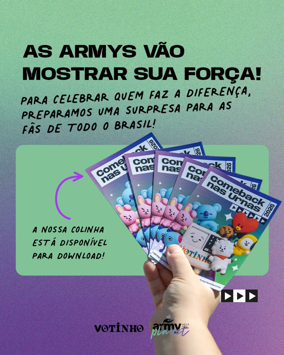 ARMY_HTP's tweet photo. Hey, Army! 💜✨

Para celebrar quem faz a diferença, preparamos uma surpresa incrível para as ARMYs de todo o Brasil! 🇧🇷
Resgate agora sua colinha exclusiva pra domingo!

✨Link para baixar: https://t.co/YdlALTuX9n ✨

Com um design exclusivo, ela não é apenas um lugar para você fazer suas anotações. Ao dobrar, a sua colinha se transforma em um calendário colecionável que:
📅 Marca as datas do 1º e 2º turno;
✨ Traz as datas especiais de outubro;
⌛ Faz a contagem regressiva e celebra o retorno do BTS ao Brasil com a turnê Arirang!

🚨 ATENÇÃO!
Guarde seus comprovantes dos dias 04/10 e 25/10.
Encontre o @/votinhooficial e o AHTP na fila do show do BTS no dia 28.10 no Morumbis, apresente seu comprovante e ganhe um Mystery Pack exclusivo!
(Brindes limitados, válidos enquanto durarem os estoques).

#ArmyFeatVotinho #BTSnoBrasil #ArmyHelpThePlanet
#Votinho #meuvotonaoneutro

*O Votinho é independente e não possui fins político-partidários; O projeto Votinho é uma iniciativa de caráter estritamente educativo e cultural, sem qualquer vínculo com partidos políticos ou candidatos; Todos os direitos reservados ao IPC.