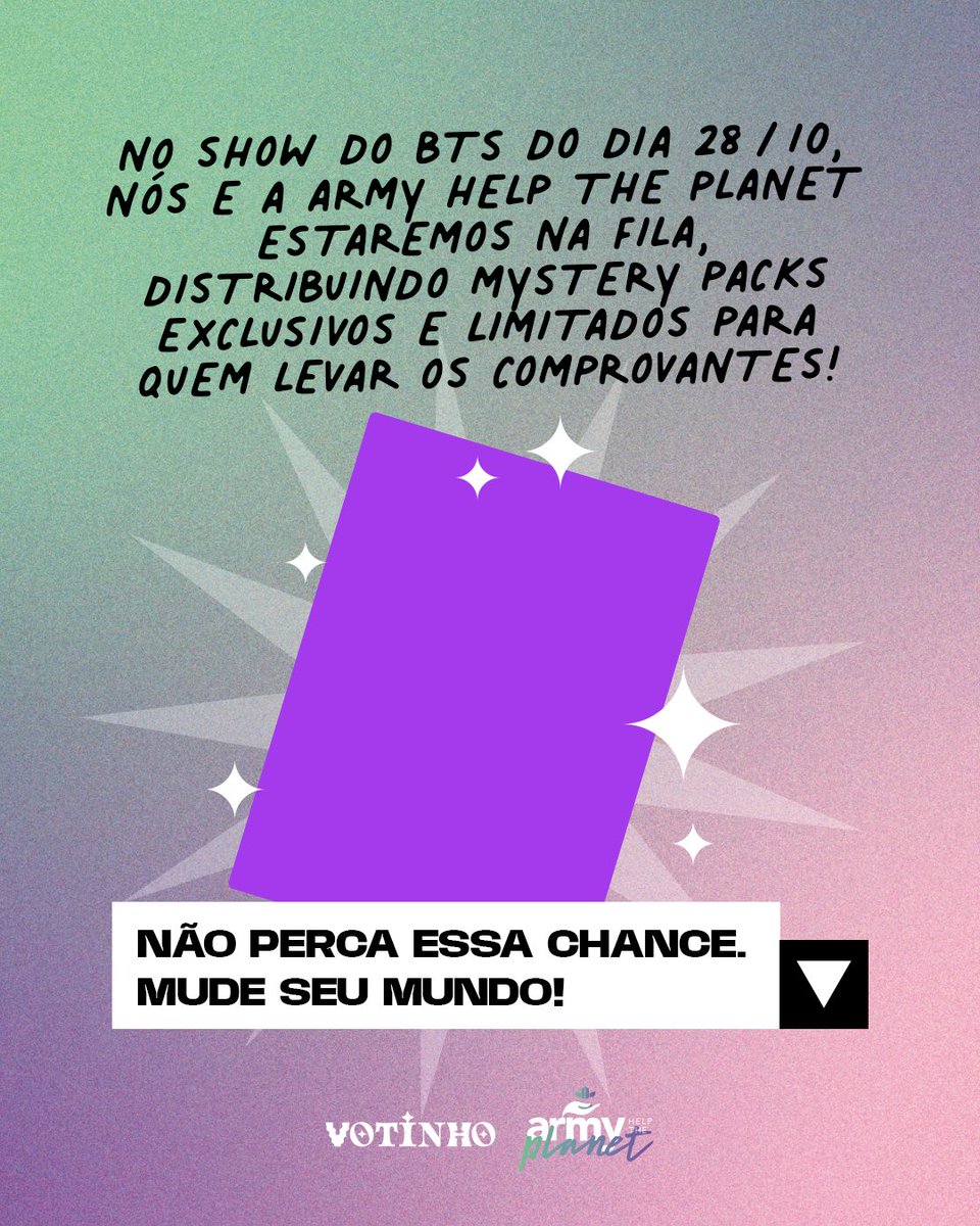 ARMY_HTP's tweet photo. Hey, Army! 💜✨

Para celebrar quem faz a diferença, preparamos uma surpresa incrível para as ARMYs de todo o Brasil! 🇧🇷
Resgate agora sua colinha exclusiva pra domingo!

✨Link para baixar: https://t.co/YdlALTuX9n ✨

Com um design exclusivo, ela não é apenas um lugar para você fazer suas anotações. Ao dobrar, a sua colinha se transforma em um calendário colecionável que:
📅 Marca as datas do 1º e 2º turno;
✨ Traz as datas especiais de outubro;
⌛ Faz a contagem regressiva e celebra o retorno do BTS ao Brasil com a turnê Arirang!

🚨 ATENÇÃO!
Guarde seus comprovantes dos dias 04/10 e 25/10.
Encontre o @/votinhooficial e o AHTP na fila do show do BTS no dia 28.10 no Morumbis, apresente seu comprovante e ganhe um Mystery Pack exclusivo!
(Brindes limitados, válidos enquanto durarem os estoques).

#ArmyFeatVotinho #BTSnoBrasil #ArmyHelpThePlanet
#Votinho #meuvotonaoneutro

*O Votinho é independente e não possui fins político-partidários; O projeto Votinho é uma iniciativa de caráter estritamente educativo e cultural, sem qualquer vínculo com partidos políticos ou candidatos; Todos os direitos reservados ao IPC.