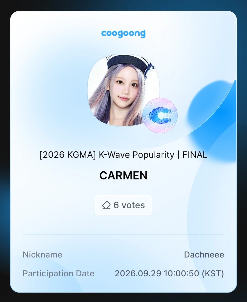 H2HCARMEN_INA's tweet photo. 📢 DAILY STAMP VOTING - 13 DAYS FOR #CARMEN

HARI KE-2 [2026 KGMA] K-Wave Popularity | FINAL ✅

Hachu, jangan lupa untuk mulung 💙 (Check-in, Free Roulette, Nonton Iklan) dan vote CARMEN tiap hari. Let's go sehari 3 votes!

#Hearts2Hearts #카르멘
@Hearts2Hearts https://t.co/n5ANSDf170