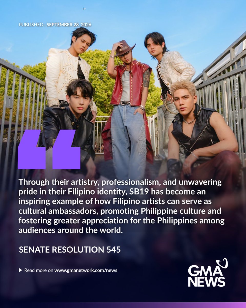 gmanews's tweet photo. BAKA SB19 'YAN! 🔥💙

SB19 was recognized at the Senate of the Philippines for their historic Lollapalooza performance in Chicago last July.

Senate Resolution 545 congratulates and commends the P-Pop Kings, "in recognition of their outstanding achievements and contributions to the Philippine creative industries."

Read more:
https://t.co/fa4aCVzWiT