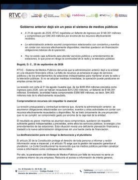 A screenshot of an RTVC press release announcing that former government leadership left a 'media system mess' affecting RTVC and Señal Colombia.