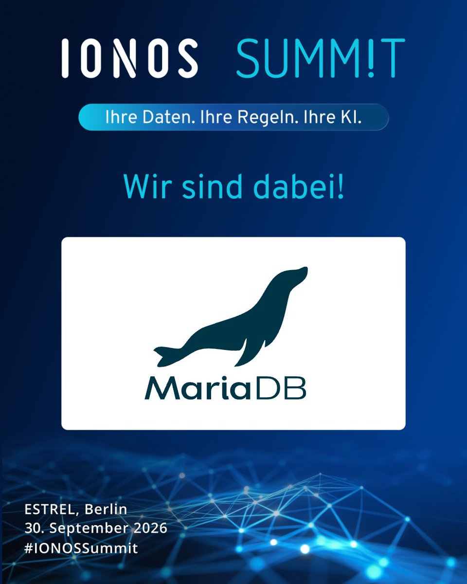 mariadb's tweet photo. MariaDB is heading to the IONOS Summit in Berlin on September 30th — joining our incredible ecosystem partners @Bechtle, @Computacenter, Materna, and many more!    

Organizations across Europe are navigating digital transformation under strict data sovereignty, DORA, and EU AI compliance standards, and prioritizing sovereign-ready cloud environments built on open technologies. Join our team on-site to explore how our converged data platform helps organizations modernize legacy systems, deliver ultra-low latency AI workflows with vector search and RAG, and scale mission-critical applications securely within European cloud infrastructure.    

Thank you to IONOS for hosting! Learn more: https://t.co/ZhjIisRhKC