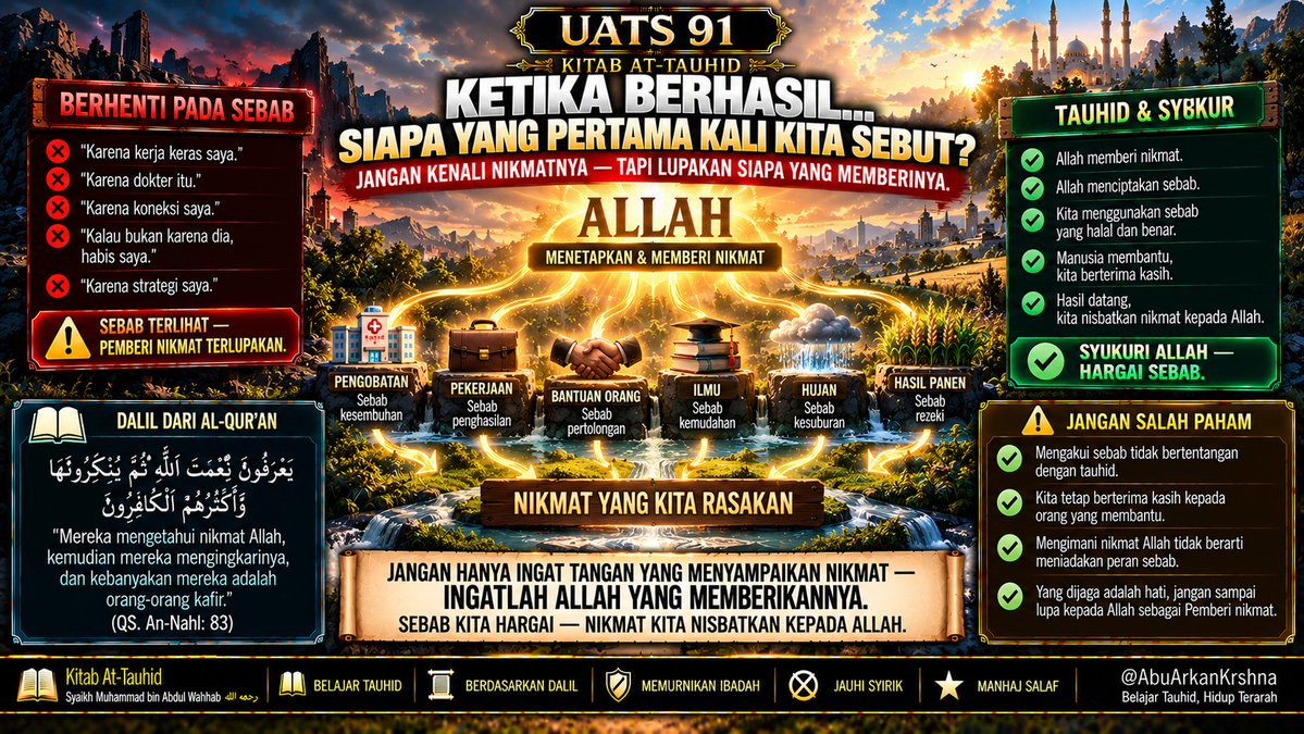 krshnasulanjana's tweet photo. Kita sering ingat SEBABNYA,
tetapi lupa PEMBERI NIKMAT.
💊 Obat = sebab
💼 Kerja = sebab
🤝 Manusia = sebab
❤️ Nikmat berasal dari Allah.
Syukuri Allah, hargai sebab.
📖 UATS 91
#AbuArkanKrshna #KitabTauhid #BelajarTauhid https://t.co/DfsQkXZgIT