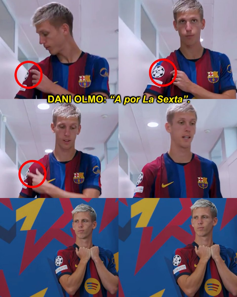 InvictosSomos's tweet photo. Y justo antes de entrar a tomarse las fotos oficiales para la temporada, Dani Olmo señaló el parche de la Champions League en la camiseta del FC Barcelona y soltó: "A POR LA SEXTA". El campeón del mundo sabe perfectamente cuál es el objetivo principal del Barça en la presente campaña. 

Lucharán por todo, pero el trofeo que realmente desean levantar es la Copa de Europa. Van por La Sexta, señoras y señores. Después de más de una década de espera, en el club blaugrana quieren romper su sequía europea. 

ILUSIÓN TOTAL.