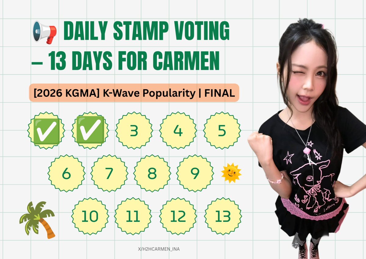 H2HCARMEN_INA's tweet photo. 📢 DAILY STAMP VOTING - 13 DAYS FOR #CARMEN

HARI KE-2 [2026 KGMA] K-Wave Popularity | FINAL ✅

Hachu, jangan lupa untuk mulung 💙 (Check-in, Free Roulette, Nonton Iklan) dan vote CARMEN tiap hari. Let's go sehari 3 votes!

#Hearts2Hearts #카르멘
@Hearts2Hearts https://t.co/n5ANSDf170
