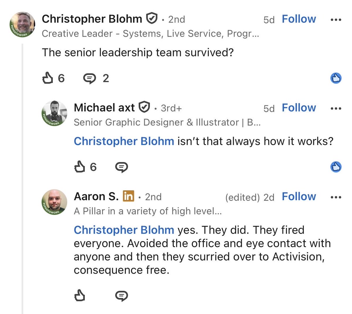 Mr_Rebs_'s tweet photo. A former Halo Studios employee publicly confirmed that Halo Studios leadership survived the layoffs. If they actually “fired everyone”, this also confirms that Pierre chose who to keep. The employee also said leadership “scurried over to Activision” but I’m not sure if that’s true. I reached out to my source about it. #Halo