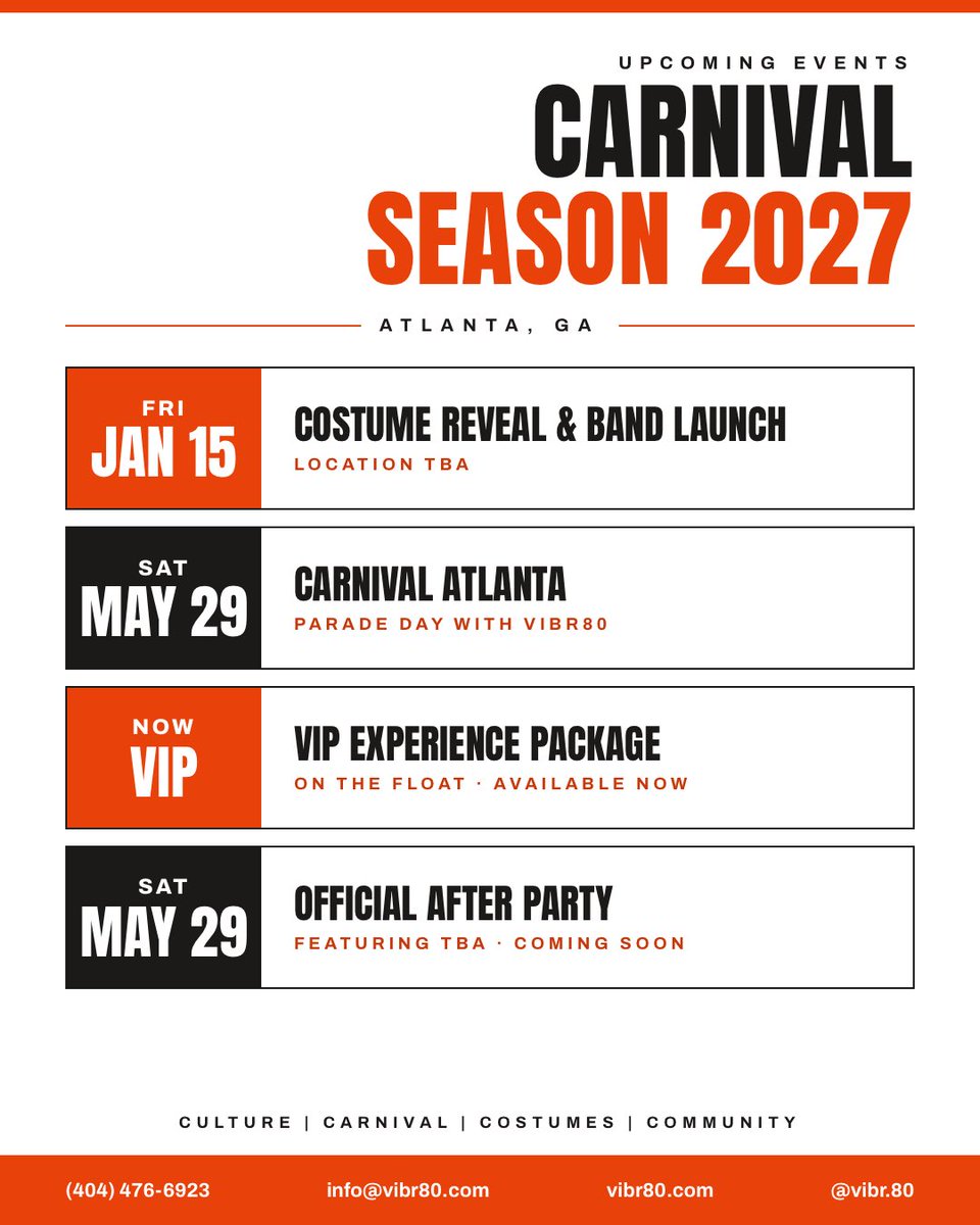 LAFtaxesGeorgia's tweet photo. Carnival Season 2027 loading… 🧡 Costume reveal Jan 15. Carnival Atlanta May 29. VIP float spots available now. Who's playing mas with us? 👀

#VIBR80 #CarnivalAtlanta #CaribbeanCarnival #PlayMas #CarnivalTok https://t.co/S8eXkwUMdP