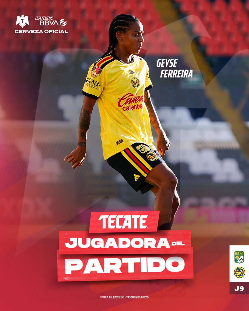LigaBBVAFemenil's tweet photo. #TecateJugadoraDelPartido | ¡GEYSE FERREIRA! 🏅🔥
¡La elegiste como la figura del encuentro! 🫵🏼✨

Geyse brilló con un doblete y una gran actuación ante León 🦁, siendo protagonista para las Águilas 🦅 sobre la cancha. ⚽️⚽️🔥

@cervezatecate | #TecatePorTi | #LEOvsAME https://t.co/WWlRtQE77H