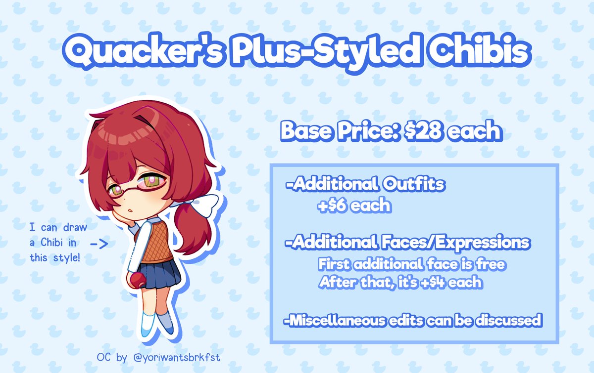 BlueQuacker's tweet photo. Reopening my comms! Now with DDLC Plus chibis added as an option! Go buy!

(The link is in my bio, I use kofi for this) https://t.co/qnmWa3srfm